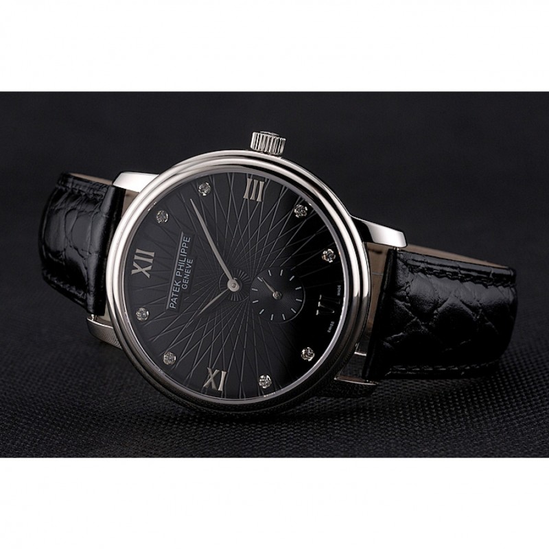 Patek Philippe Calatrava Replica Watch, Quartz, Japanese Movement, Polished Steel Case, Black Dial