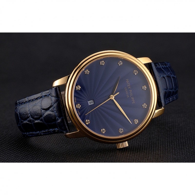 Patek Philippe Calatrava Replica Watch, Quartz, 18k Yellow Gold, Blue Dial, Sapphire Crystal