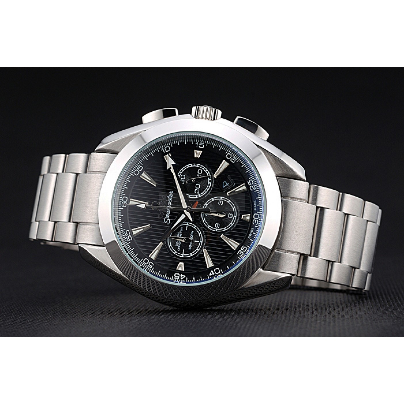 Omega Seamaster Replica Watch, Quartz Movement, Black Dial, Stainless Steel Case, Chronograph