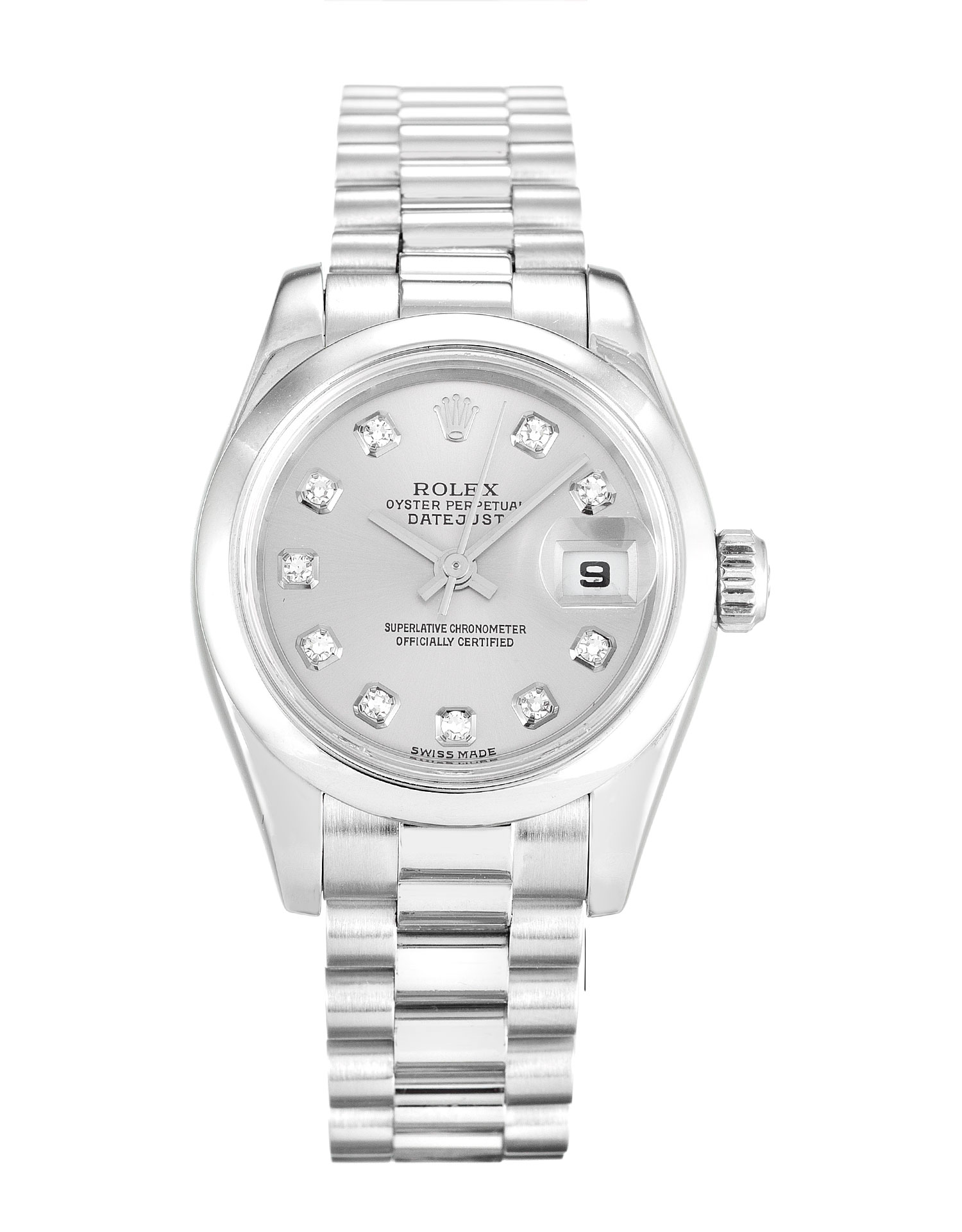 Rolex Datejust Lady 179166 Replica Watch, Automatic, Silver Diamond Dial, Platinum Case, Ladies