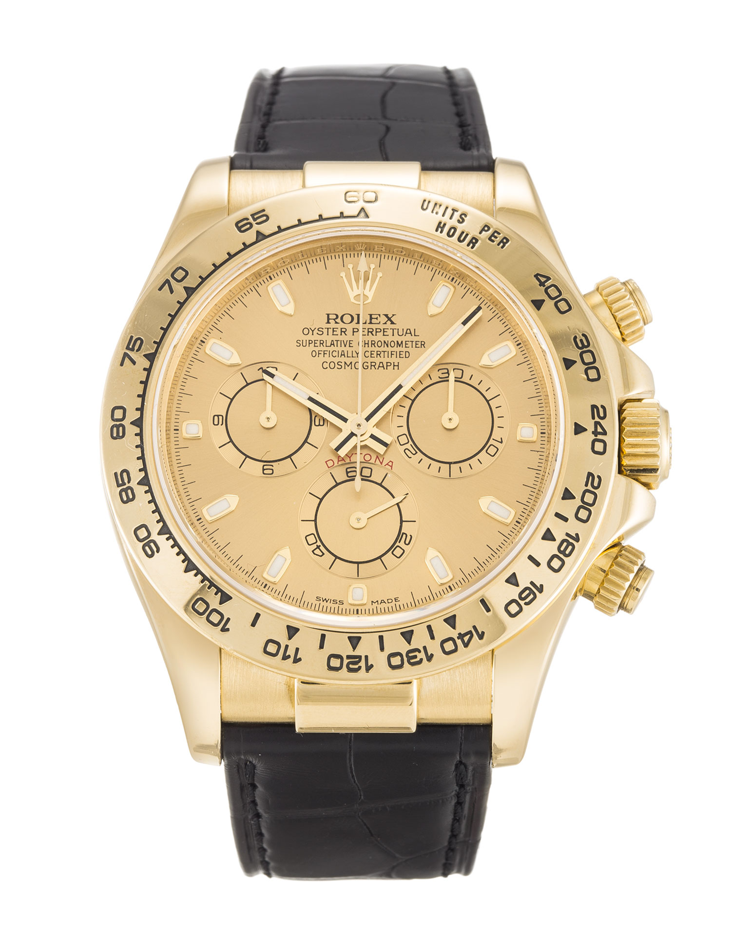 Rolex Daytona 116518 Replica Watch, Automatic Movement, 40mm Yellow Gold Case, Alligator Black