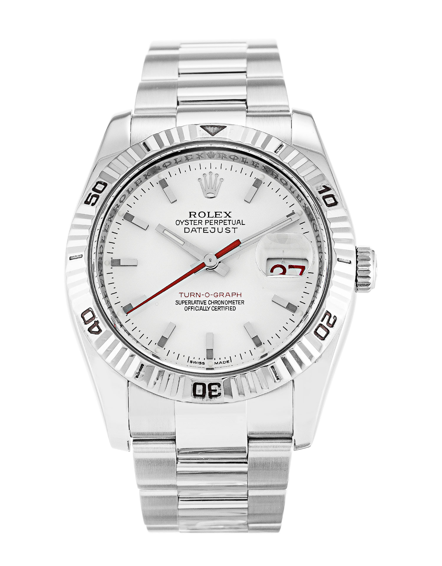 Rolex Turn-O-Graph 116264 Automatic Mens Watch, White Baton Dial, 36mm Steel & White Gold Case