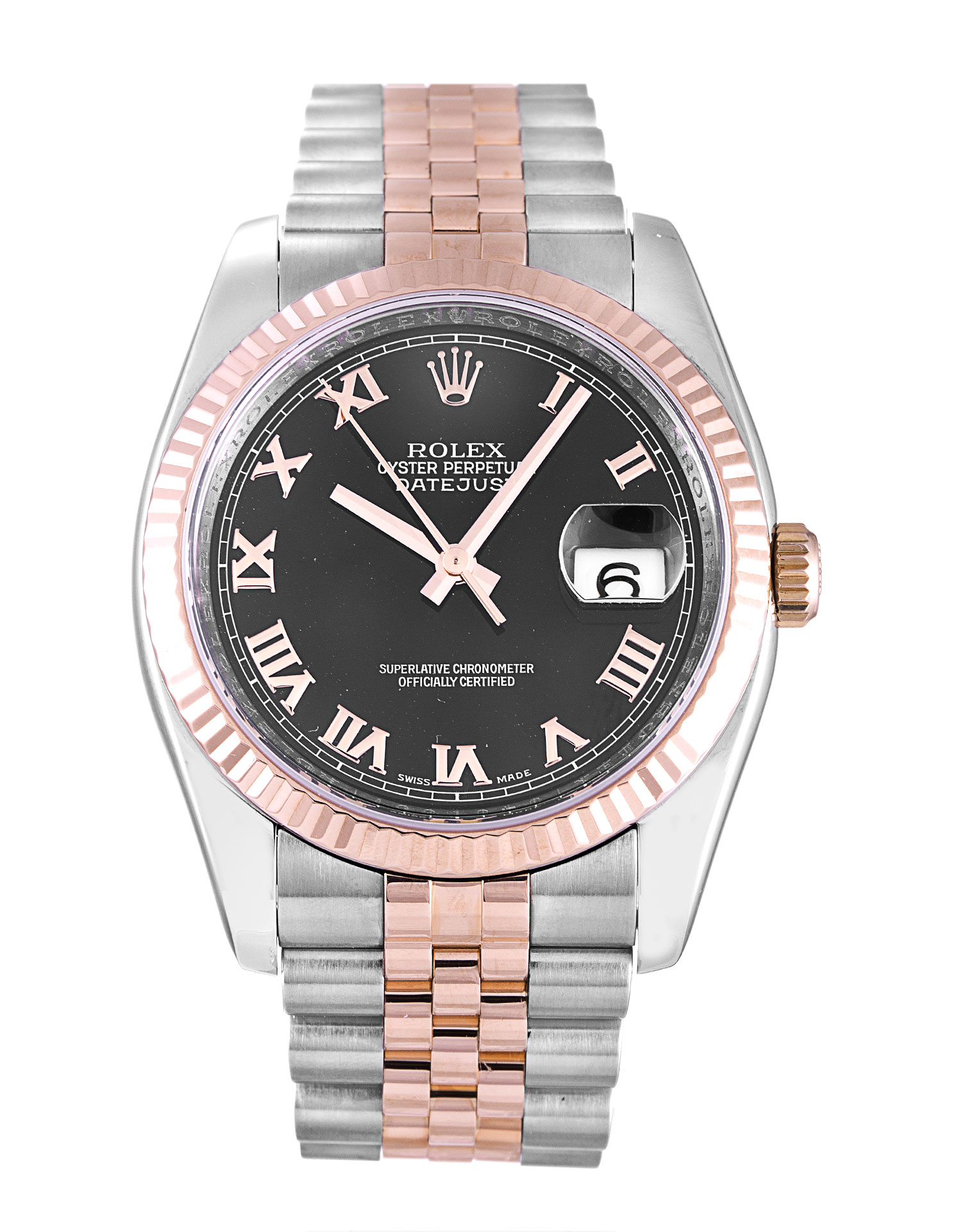 Rolex Datejust 116231 Replica, Automatic, 36mm Steel & Rose Gold Case, Black Roman Numeral Dial