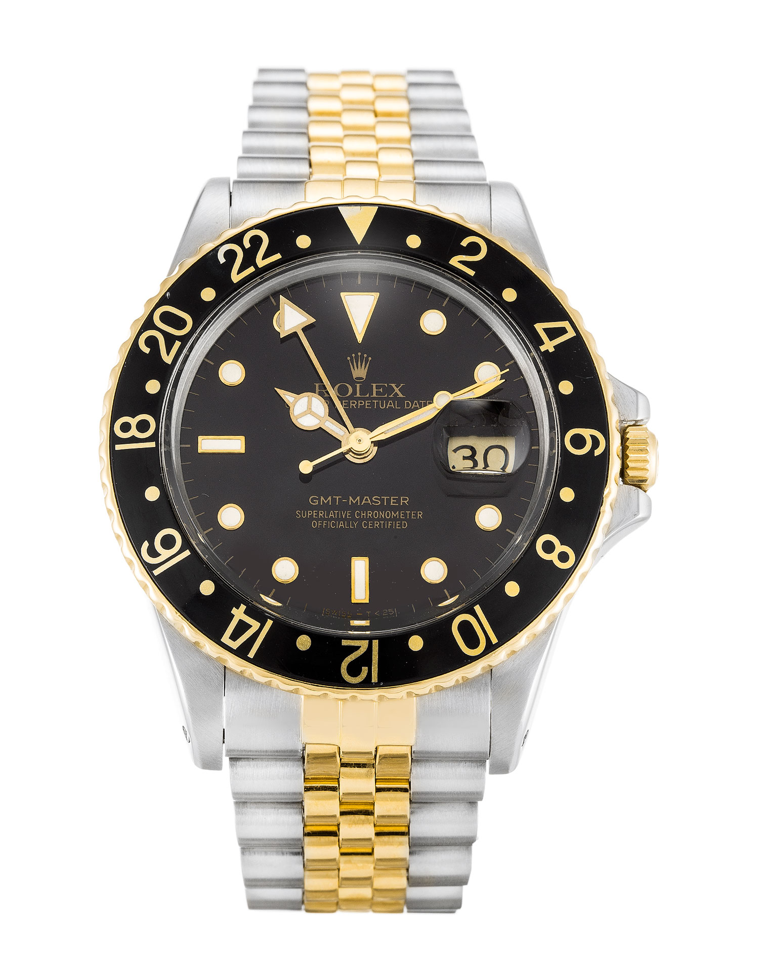Rolex GMT Master 16753 Replica Watch, Automatic Movement, 38mm Steel & Yellow Gold Case, Black Dial