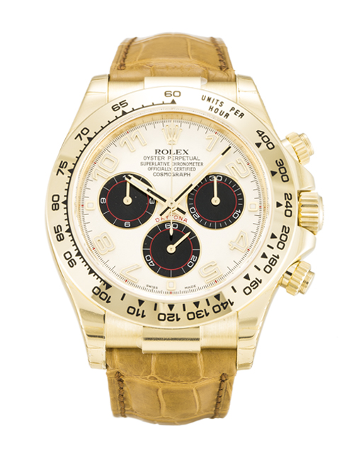 Rolex Daytona 116518 | Automatic | 40 MM | Yellow Gold | Alligator Brown | White Arabic Dial | Mens