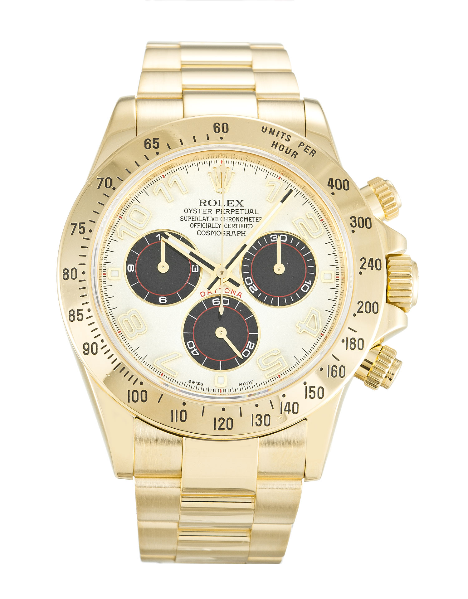 Rolex Daytona 116528 Replica Watch, 40MM Automatic Mens Gold Case White Arabic Dial