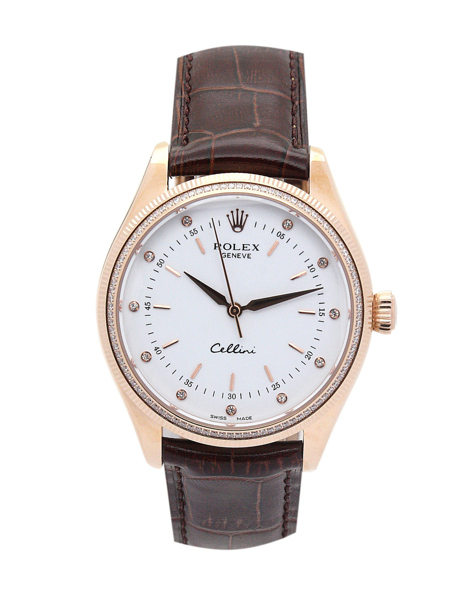 Rolex Cellini 5310 Replica, Ladies, Quartz, 25MM Rose Gold Diamond Set, White Dial, Crocodile Brown