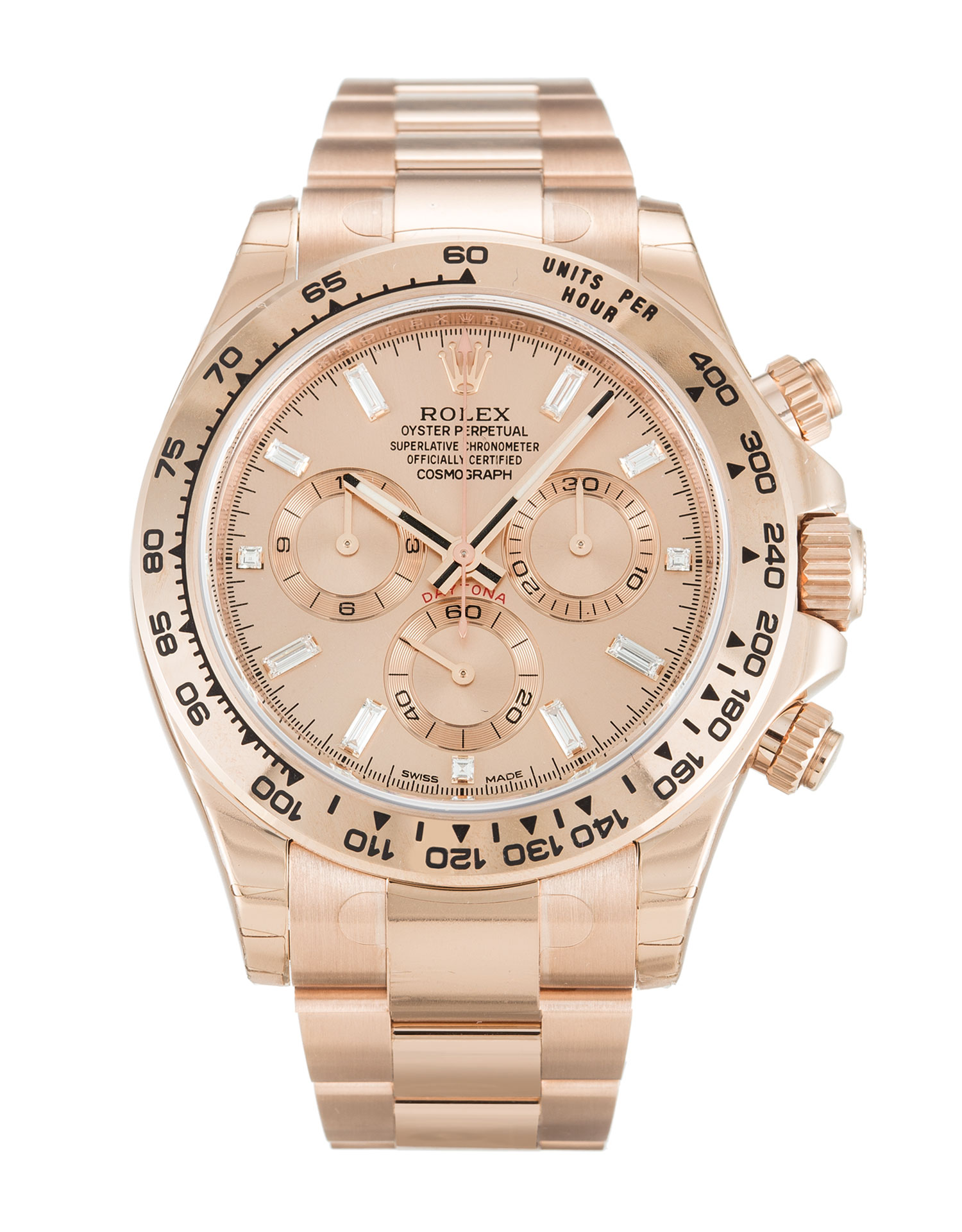 Rolex Daytona 116505 Replica Watch, Automatic, Rose Gold Case, 40MM, Baton Diamond Baguette Dial