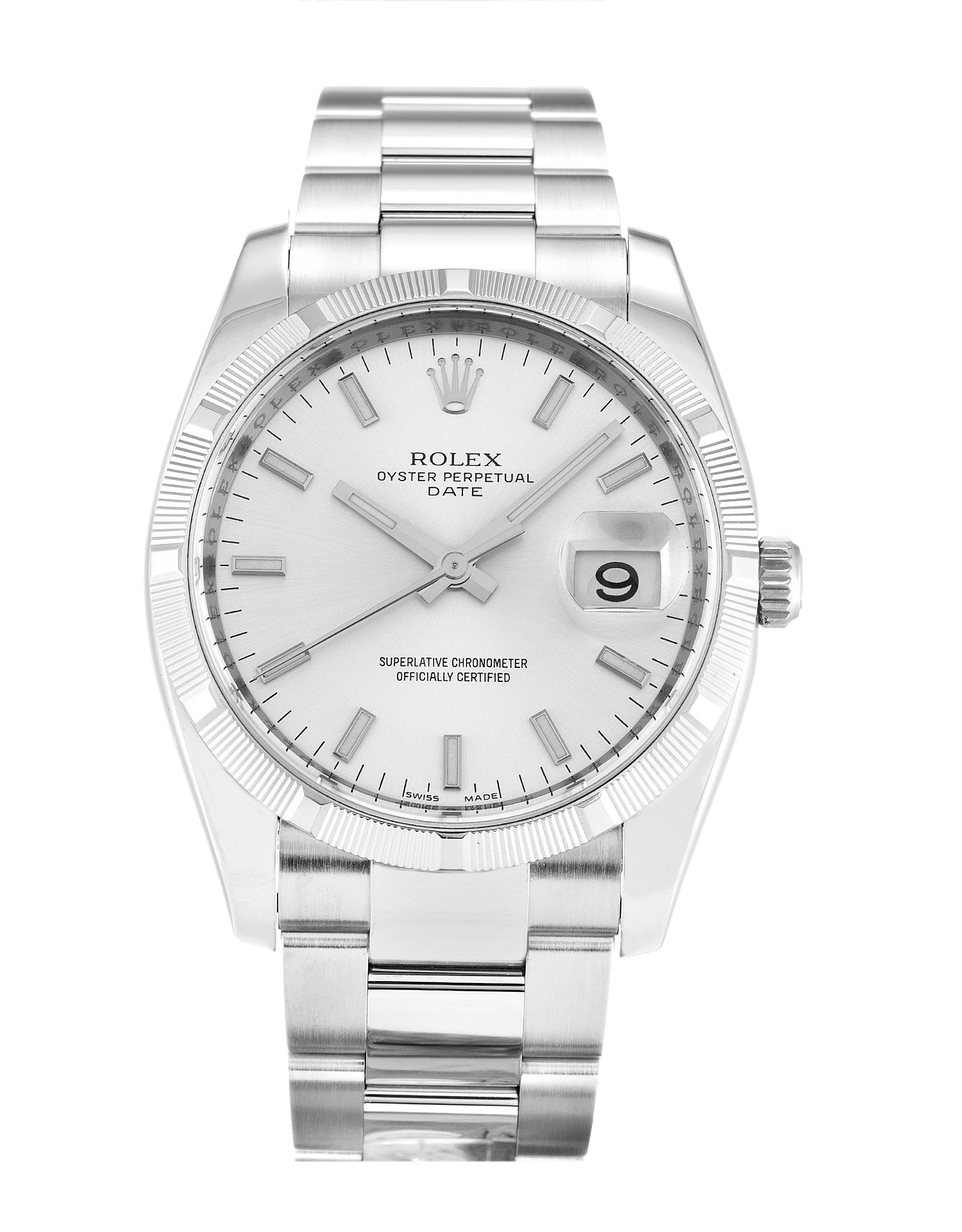 Rolex Oyster Perpetual Date 115210 Replica Watch, Automatic, Silver Baton Dial, Steel Case, 34mm