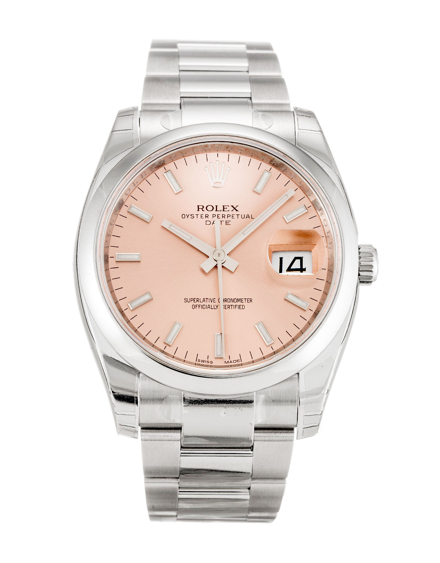 Rolex Oyster Perpetual Date 115200 Replica Watch, Automatic, 34mm Steel Case, Salmon Baton Dial
