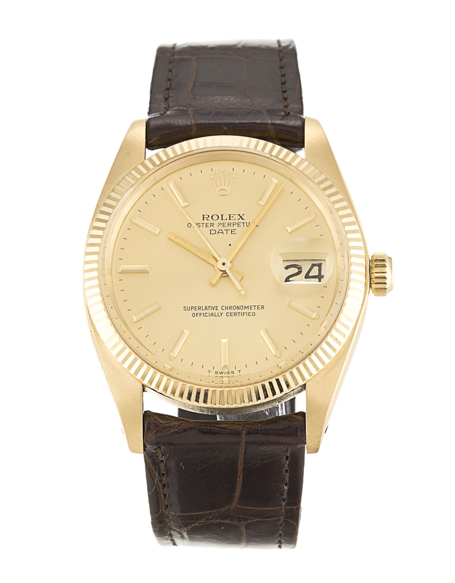 Rolex Oyster Perpetual Date 1503 Mens Automatic Watch, 33mm Yellow Gold Case, Champagne Baton Dial