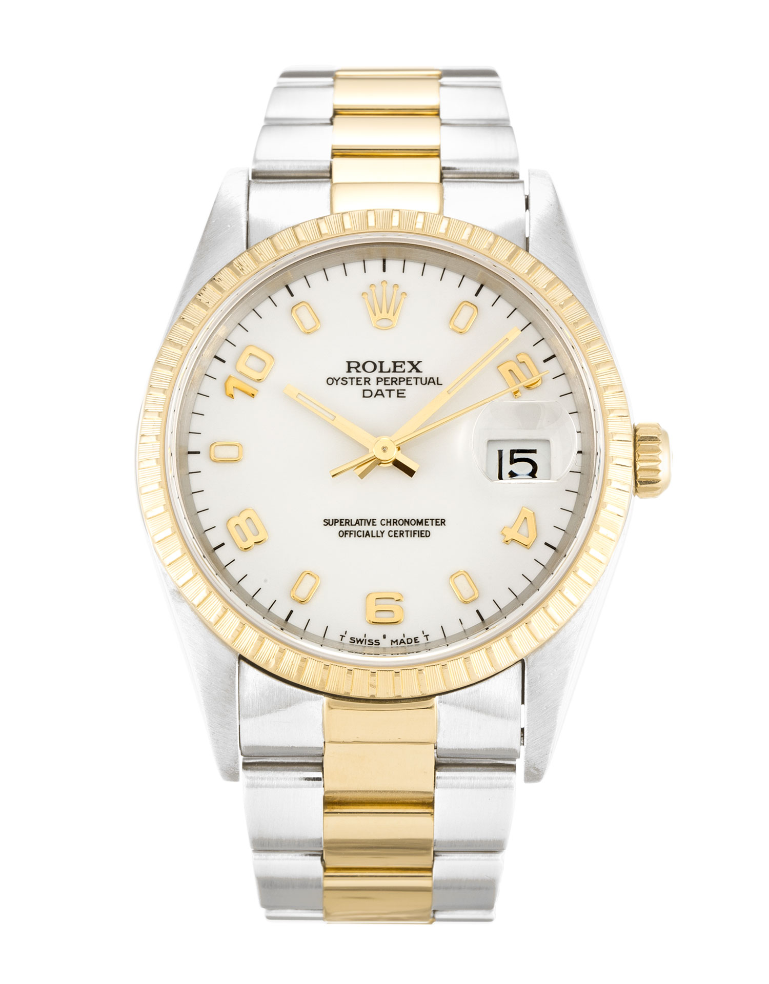 Rolex Oyster Perpetual Date 15223 Unisex Automatic 34MM Steel & Yellow Gold Case Arabic White Dial
