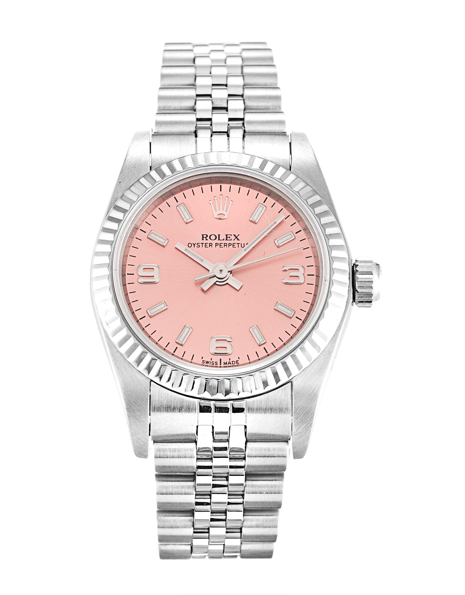 Rolex Lady Oyster Perpetual 76094 - Automatic - 26 MM White Gold - Steel Jubilee Bracelet - Salmon