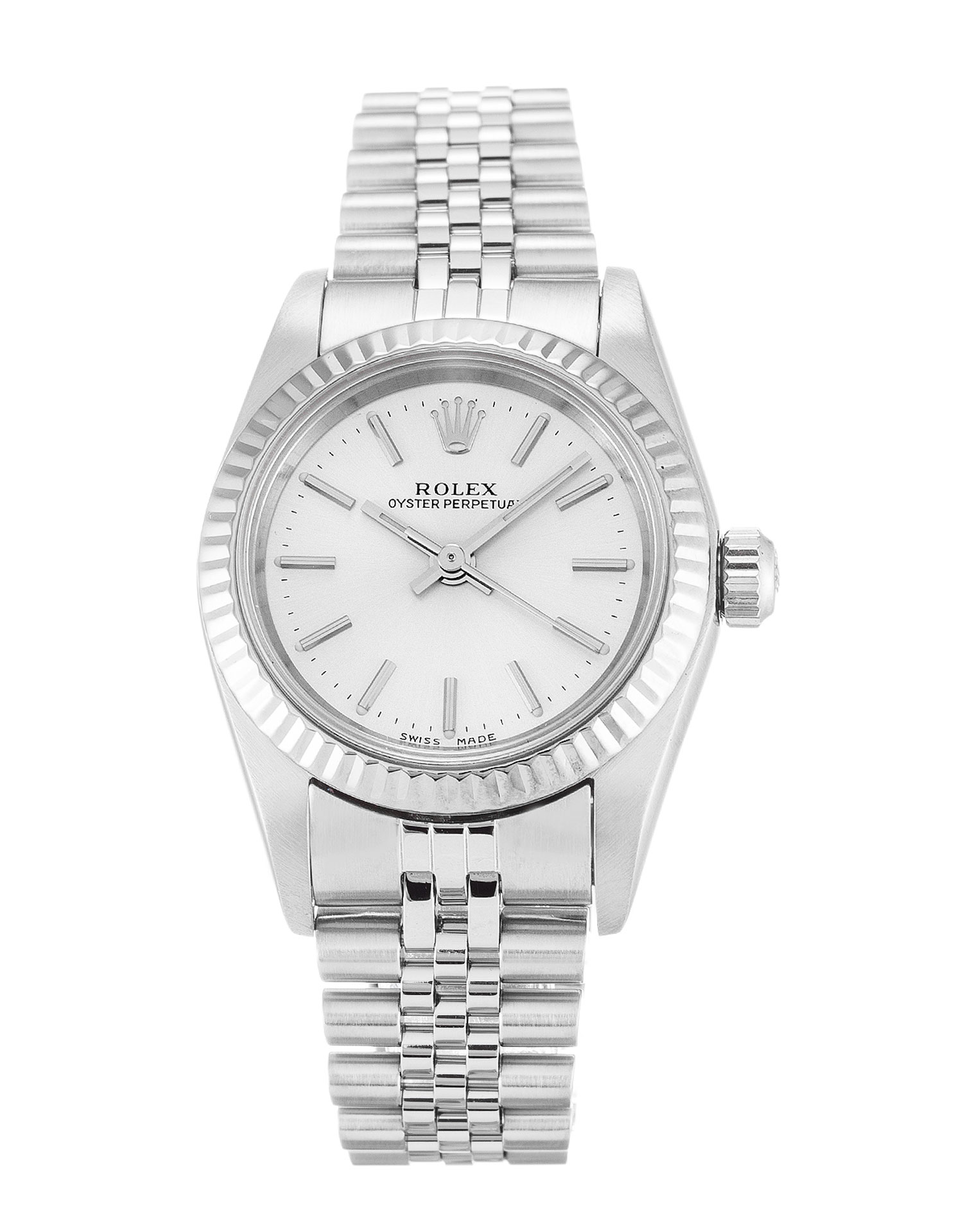 Rolex Lady Oyster Perpetual 76094 Automatic Silver Baton Dial White Gold Watch Replica
