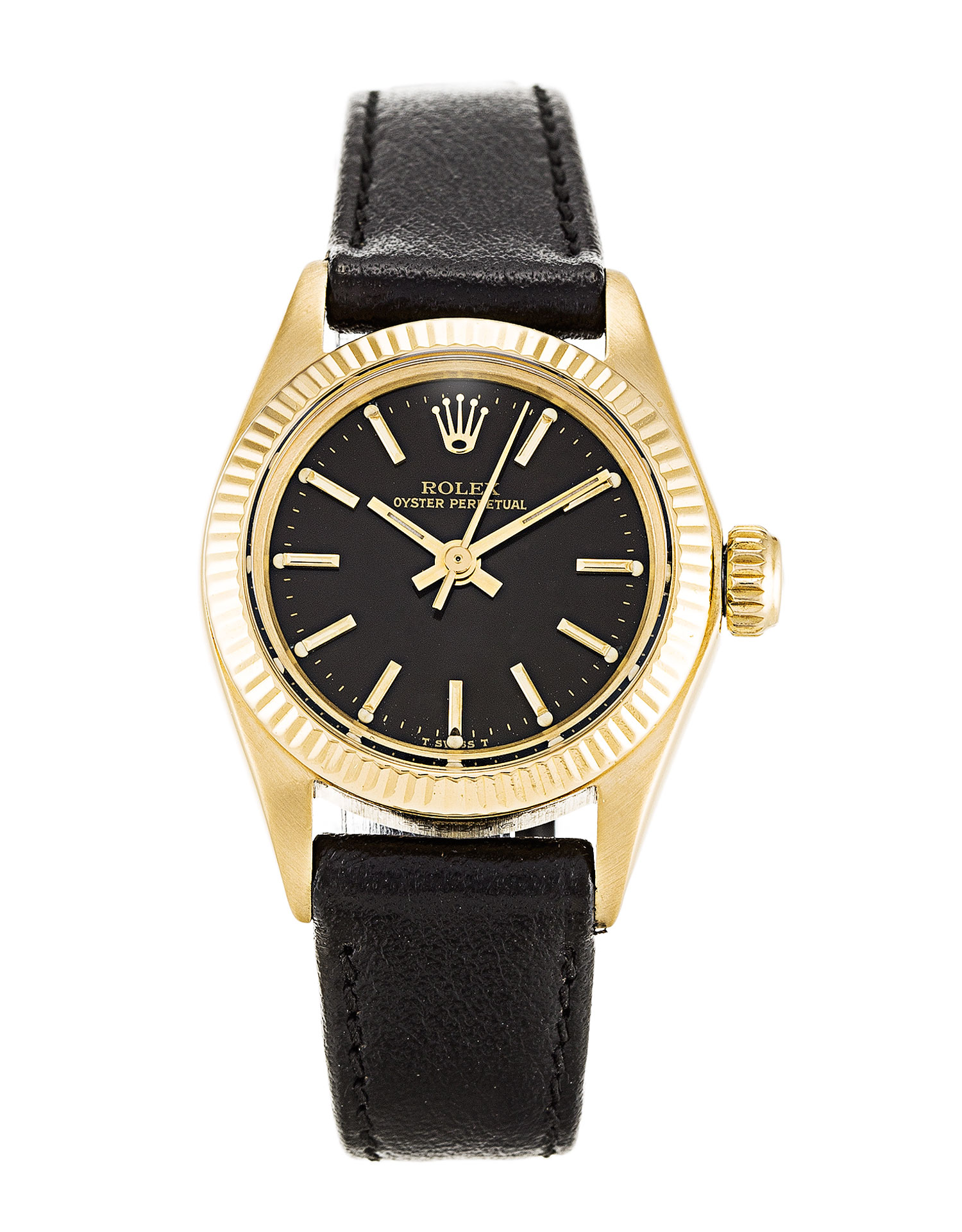 Rolex Lady Oyster Perpetual 6718 Black Baton Dial Replica Watch, 26mm Yellow Gold Case, Automatic