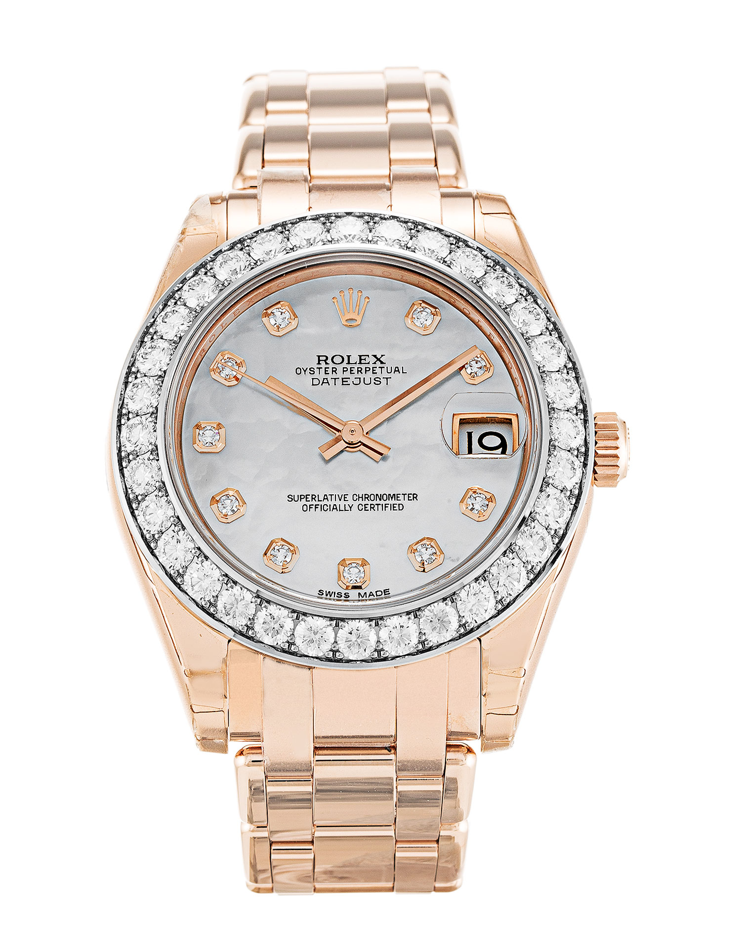 Rolex Pearlmaster 81285 Replica Watch Automatic Ladies 34mm Rose Gold Diamond Set Mother of Pearl