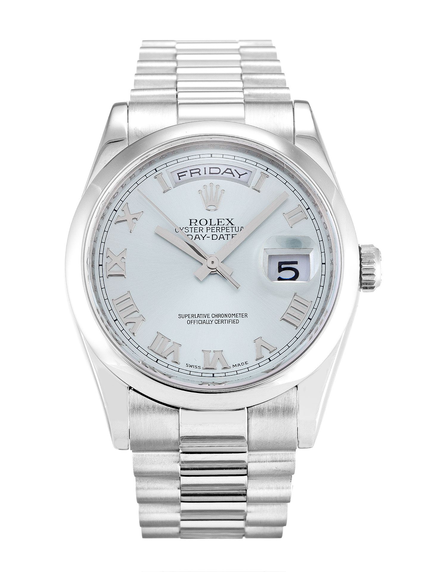 Rolex Day-Date 118206 Replica Watch, Automatic Movement, 36mm Platinum Case, Blue Roman Numeral Dial