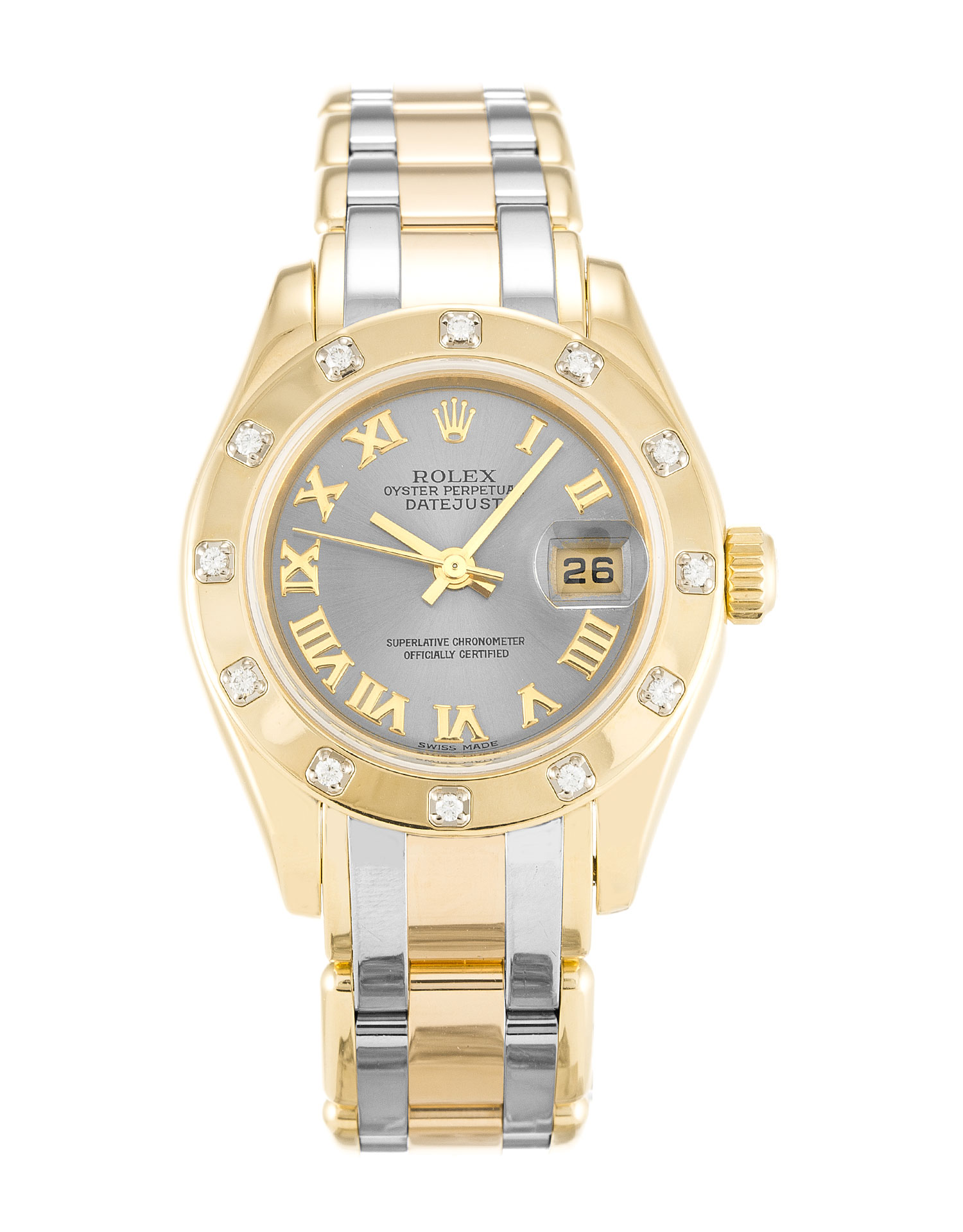 Rolex Pearlmaster 80318 - Ladies Watch - Automatic - 28 MM Yellow Gold Diamonds - Tridor Bracelet