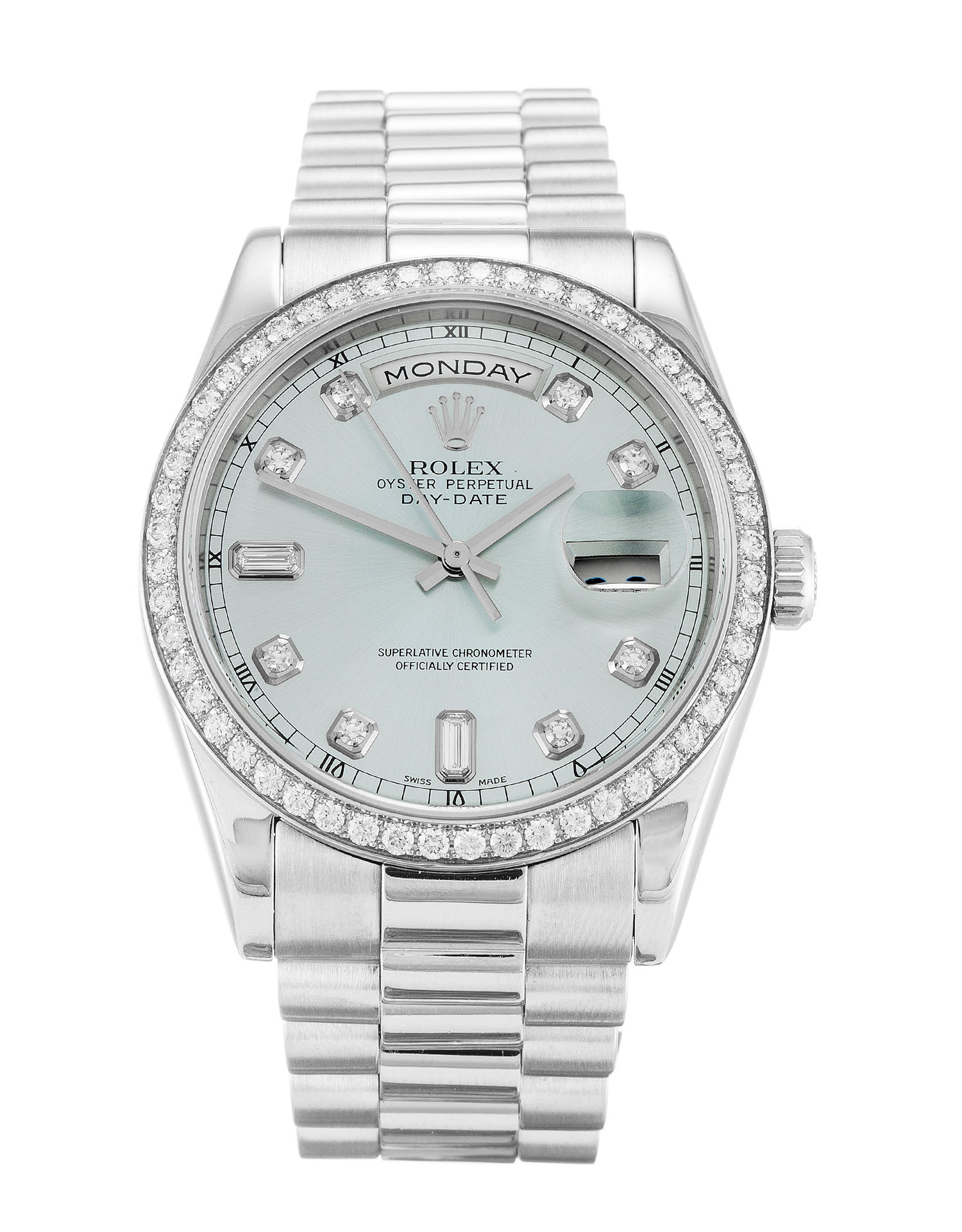 Rolex Day-Date 118346 | Automatic | 36 MM Diamond Case | Platinum President Bracelet | Blue Diamond
