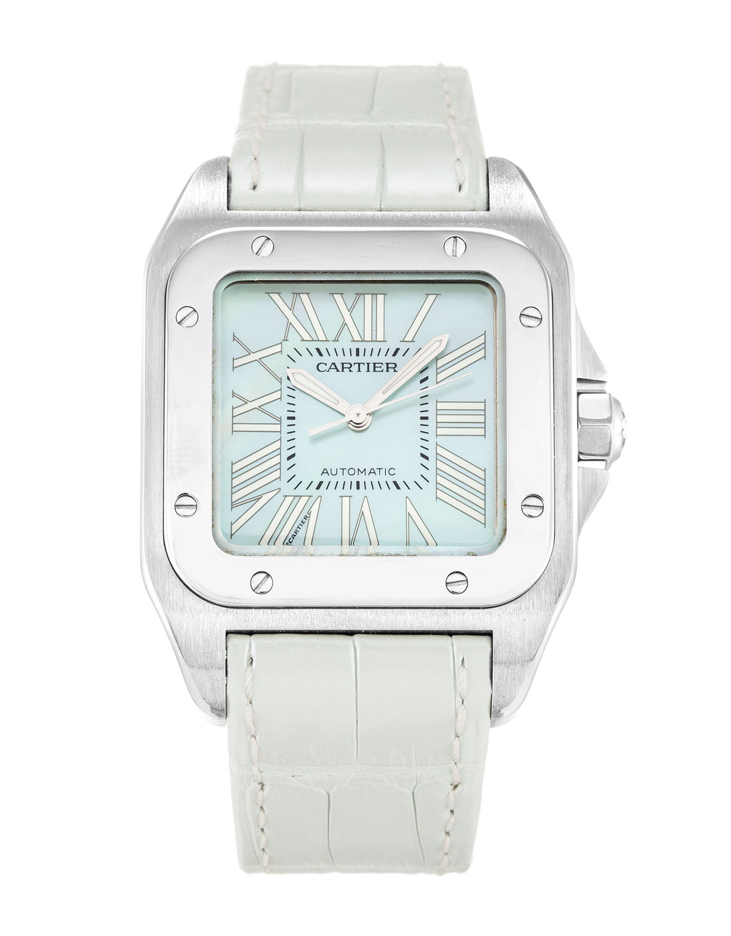 Cartier Santos 100 W20132X8 Automatic Watch, 32mm Steel Case, Green Mother of Pearl Dial, Alligator