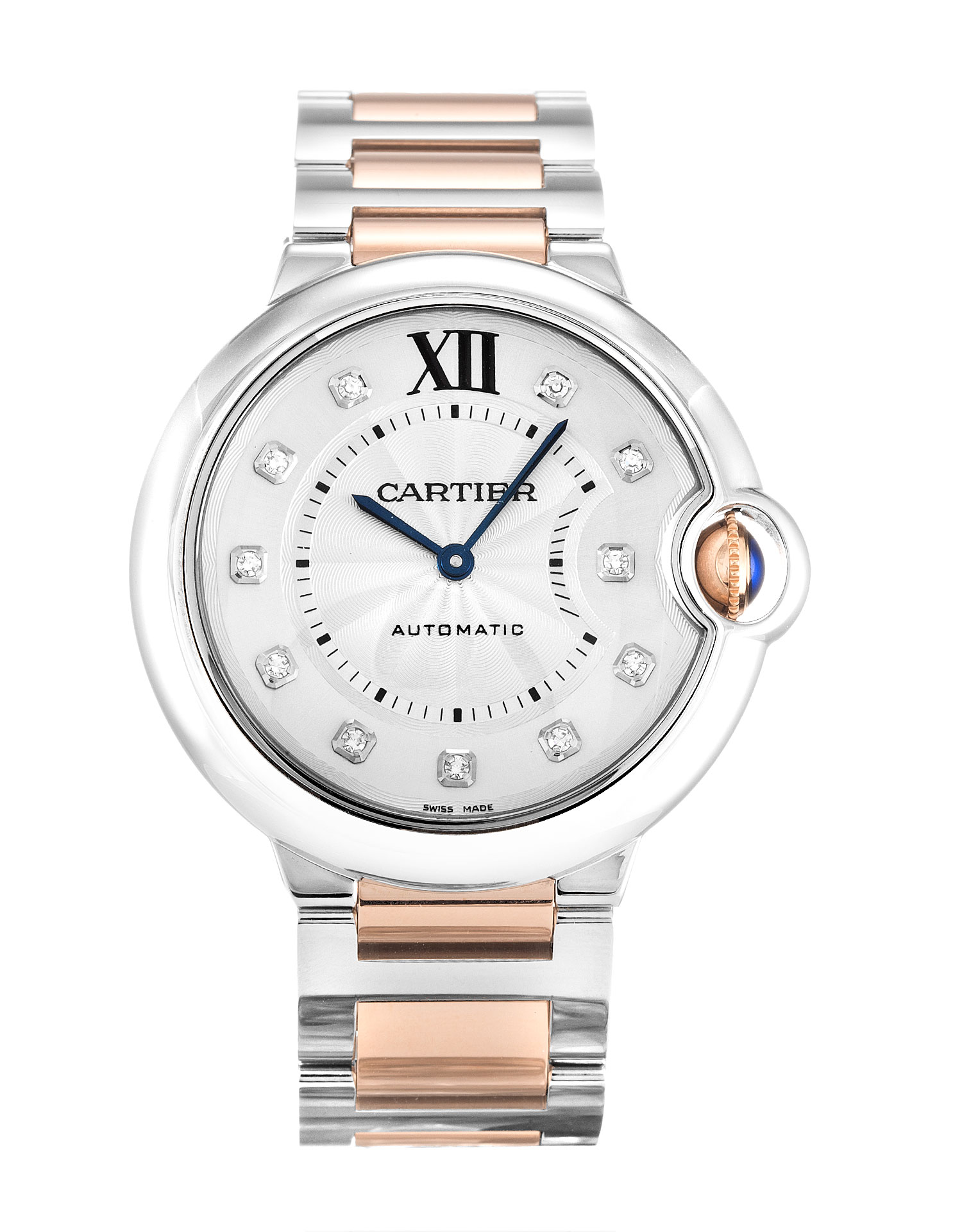 Cartier Ballon Bleu WE902031 Mens Automatic Watch, 37mm Steel Case, Pink Gold Bracelet, Silver