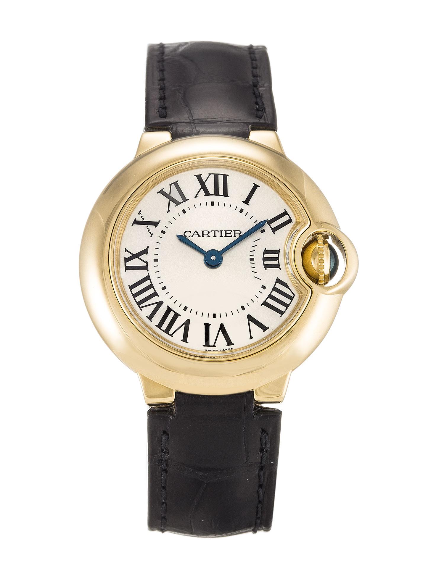 Cartier Ballon Bleu W6900156 Ladies Quartz Replica Watch 29MM Yellow Gold Alligator Band Silver