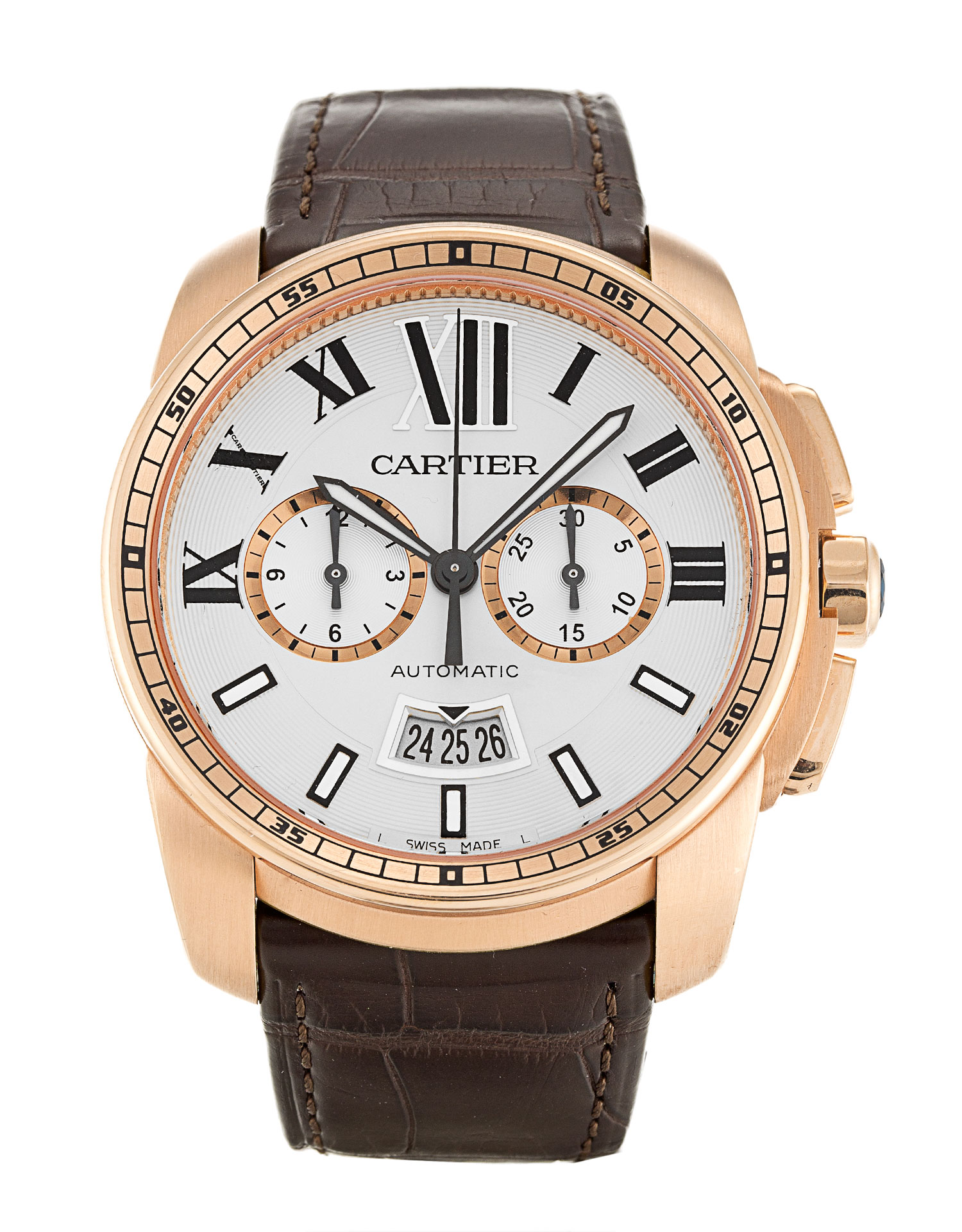 Cartier Calibre de Cartier W7100044 Replica Watch, Automatic, Rose Gold Case, Silver Dial, Mens, 42
