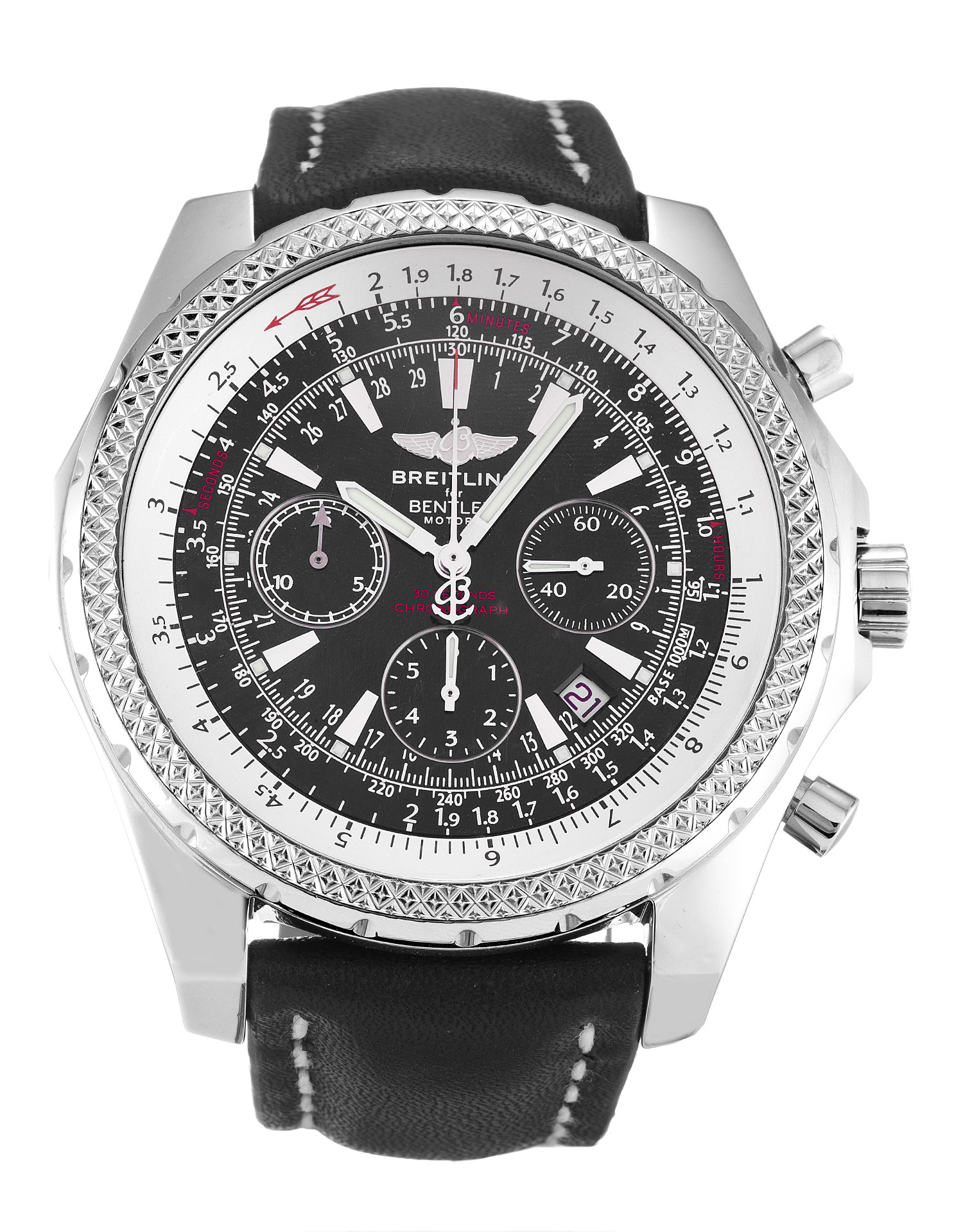 Breitling Bentley Motors A25362 Mens Quartz Watch, 48.8mm Steel Case, Black Baton Dial, Leather