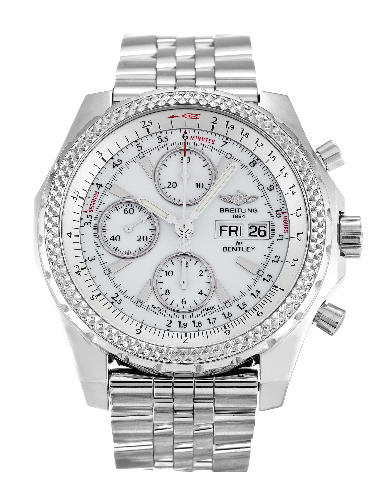 Breitling Bentley GT A13362 Mens Quartz Watch, 44.8mm Steel Case, Silver Baton Dial
