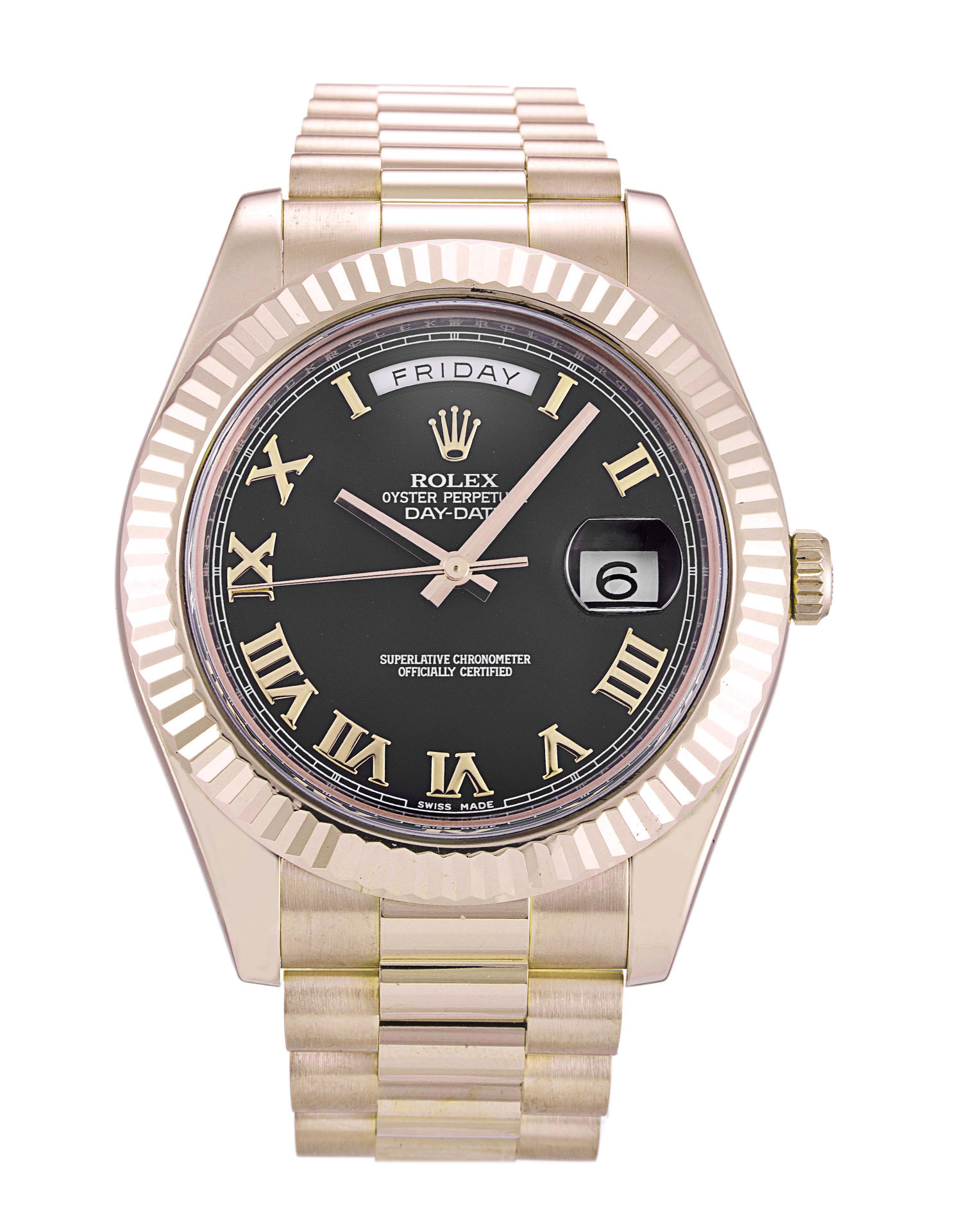 Rolex Day-Date II 218235 Mens Automatic Watch, 41mm Rose Gold Case, President Bracelet, Black Roman