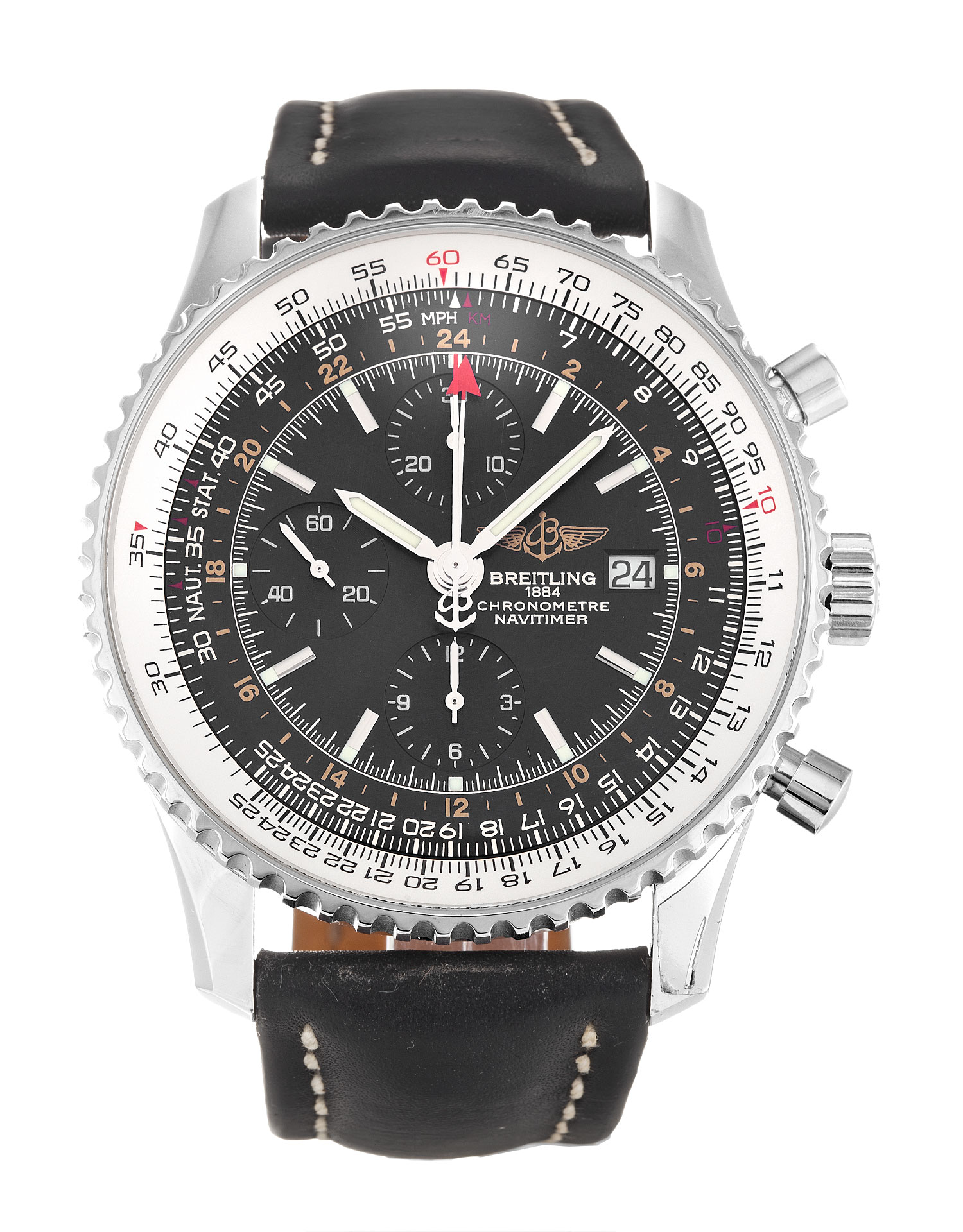 Breitling Navitimer World A24322 Replica Watch, Quartz Movement, 46MM Steel Case, Black Baton Dial