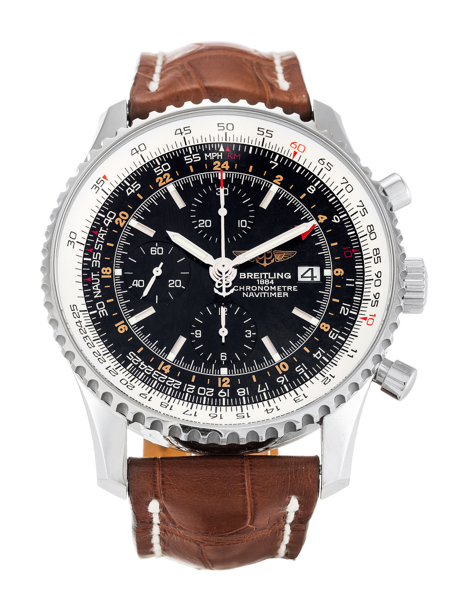 Breitling Navitimer World A24322 Automatic Mens Watch, 46mm Steel Case, Black Baton Dial, Replica