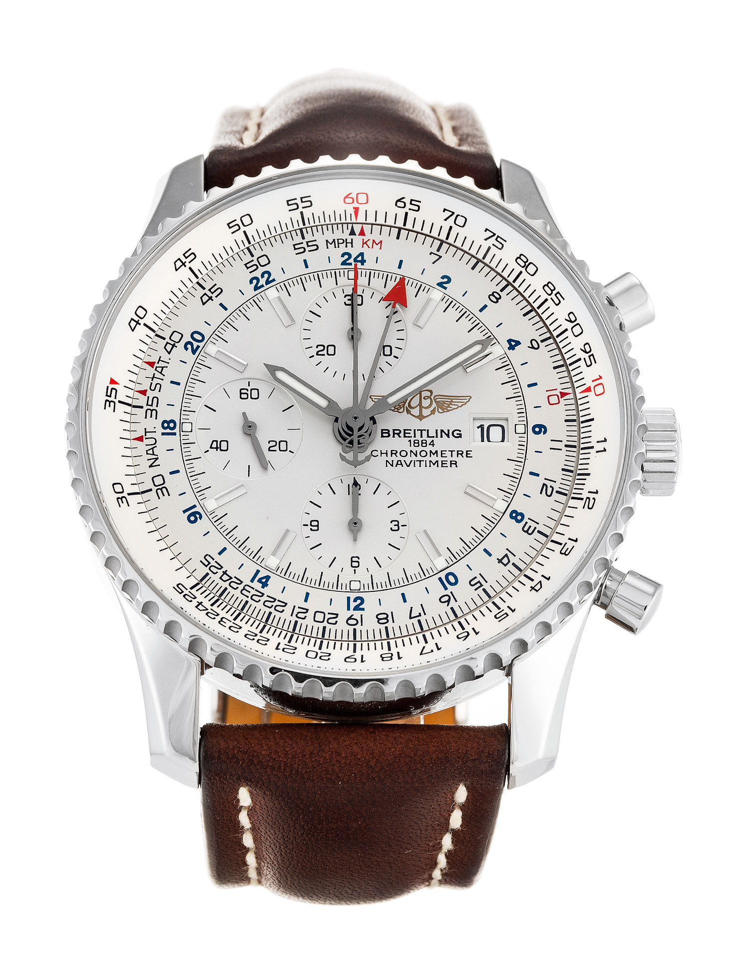 Breitling Navitimer World A24322 Men's Quartz Steel Watch Baton Dial Leather Band 46MM Water