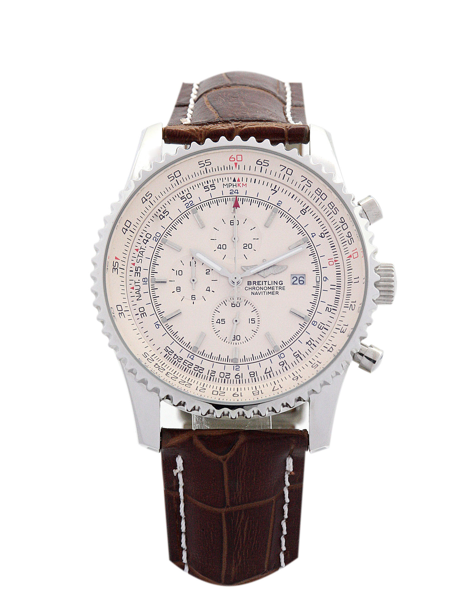 Breitling Navitimer World A24322 Mens Watch, Quartz Movement, 46mm Steel Case, White Dial, Brown
