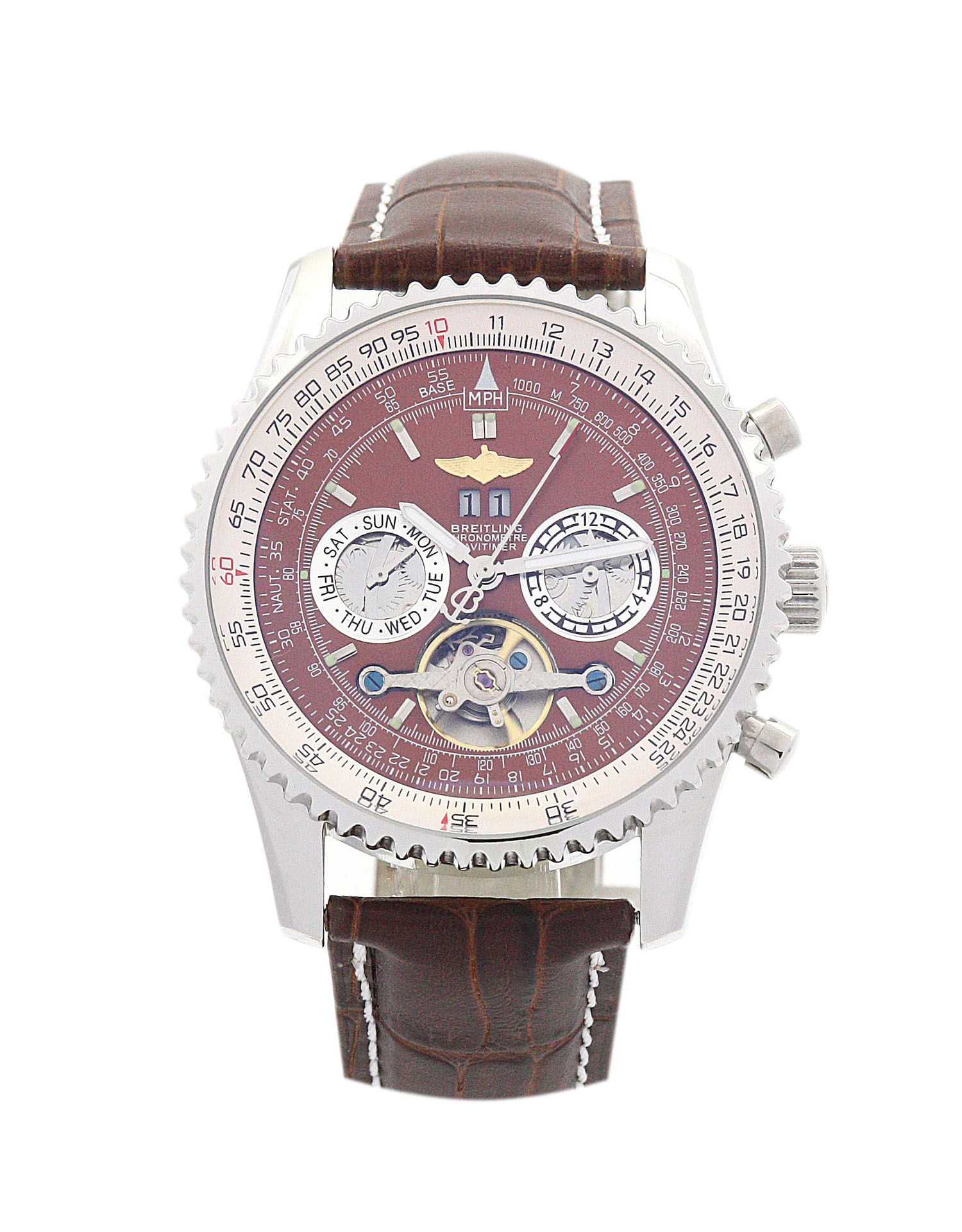 Breitling Navitimer World A24322 Replica Watch, Mens, Brown Baton Dial, 46mm Steel Case