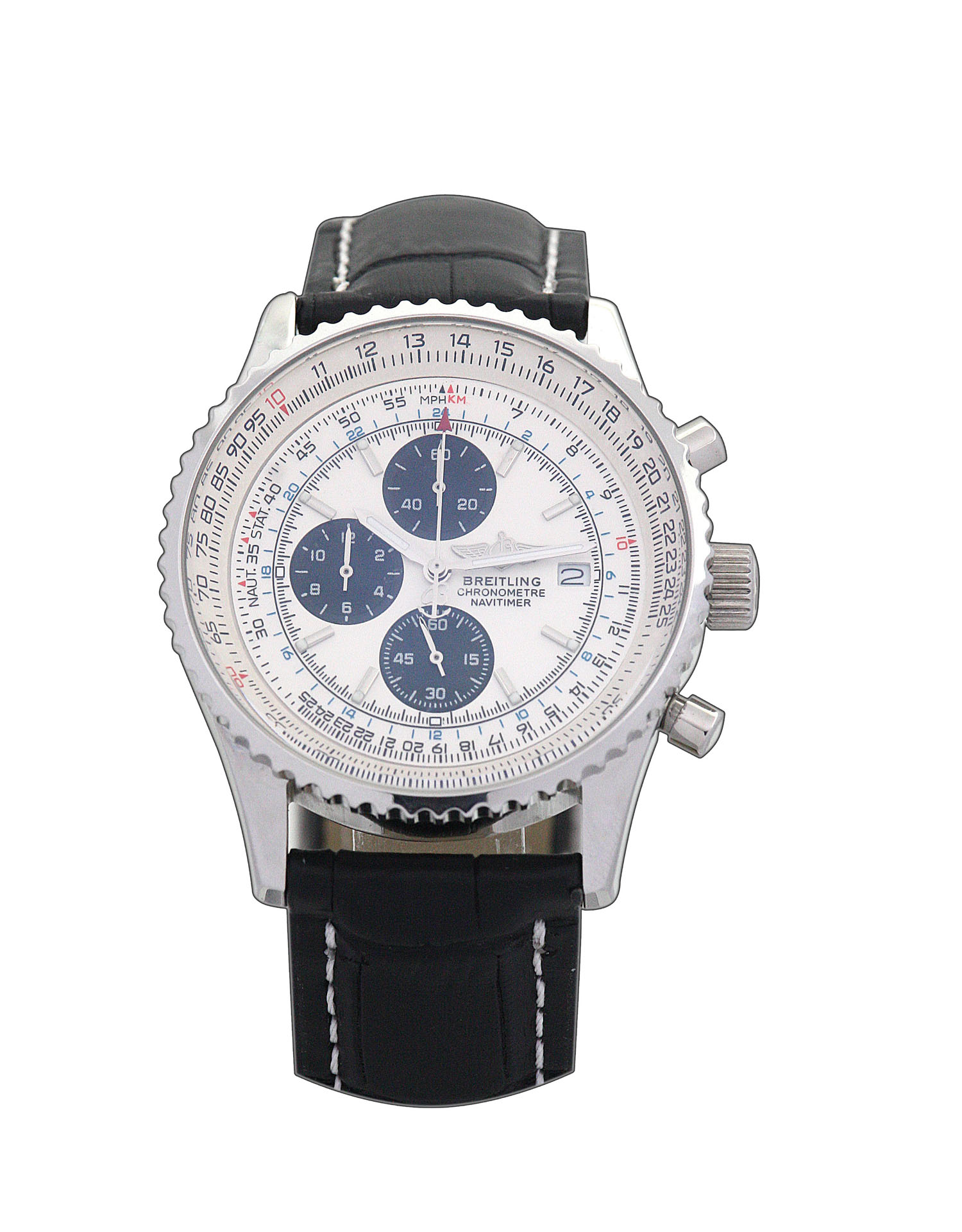Breitling Navitimer A23322 Mens Quartz Watch, 41.8mm Steel Case, White Dial, Black Leather Band