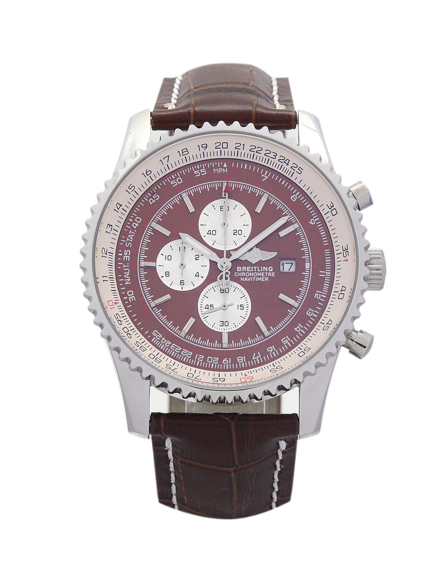 Breitling Navitimer World A24322 Automatic Mens Watch, 46MM Steel Case, Brown Baton Dial, Replica