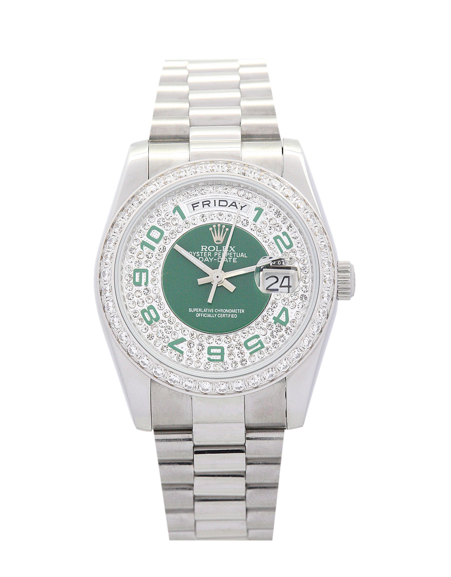 Rolex Day-Date 118346 Replica Watch, Automatic, 36mm Steel Case, Green & Silver Dial with Diamonds