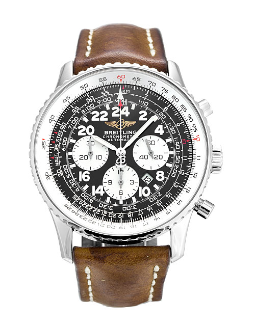 A22322 - Breitling Cosmonaute Mens Watch - Quartz - Steel Case - Leather Band - Black Arabic Dial