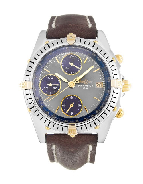 Breitling Chronomat B13047 Mens Quartz Watch 38mm Steel & Yellow Gold Baton Dial Brown Leather