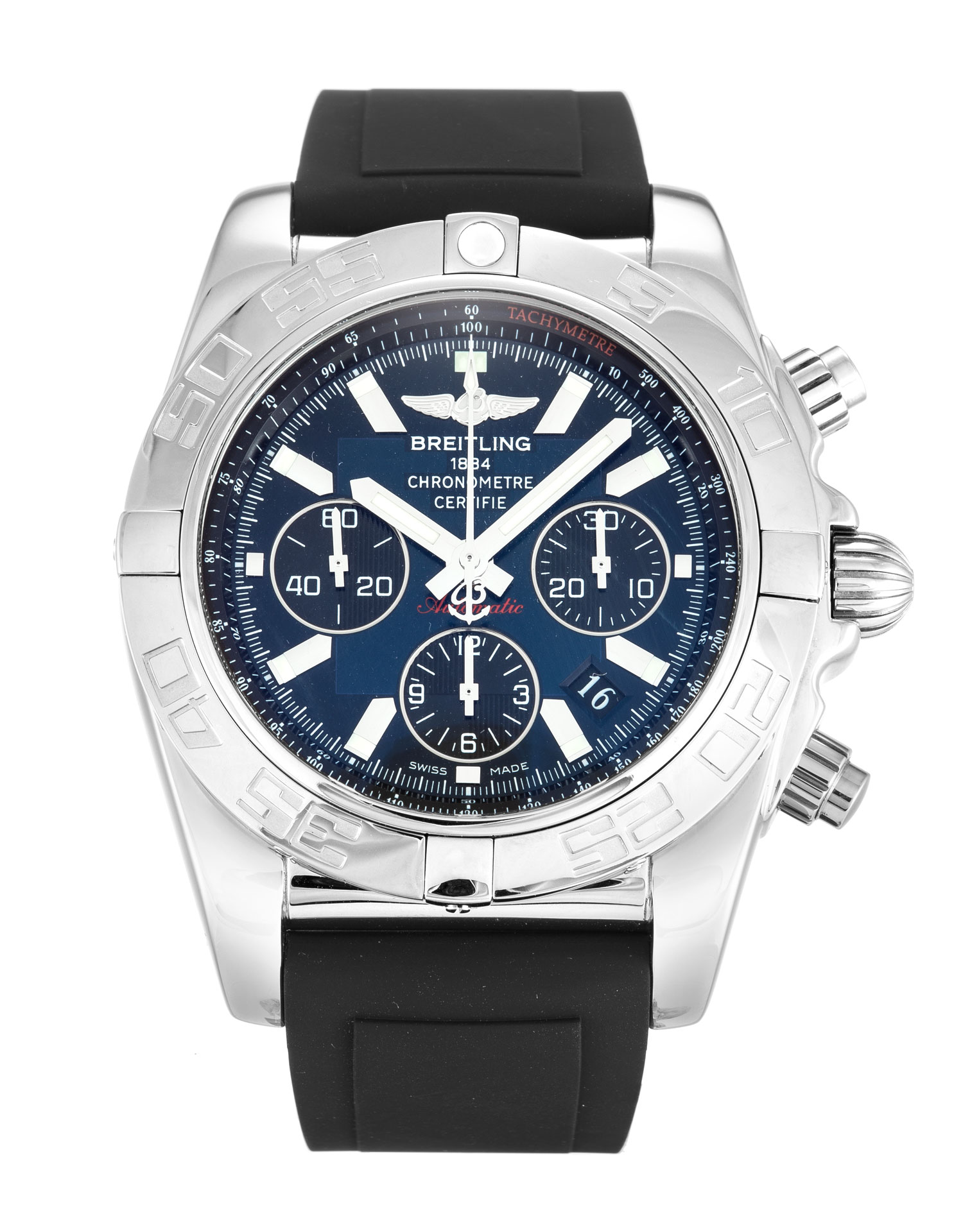 Breitling Chronomat 44 AB0110 Mens Quartz Watch, 43.5mm Steel Case, Blue Dial, Rubber Bracelet