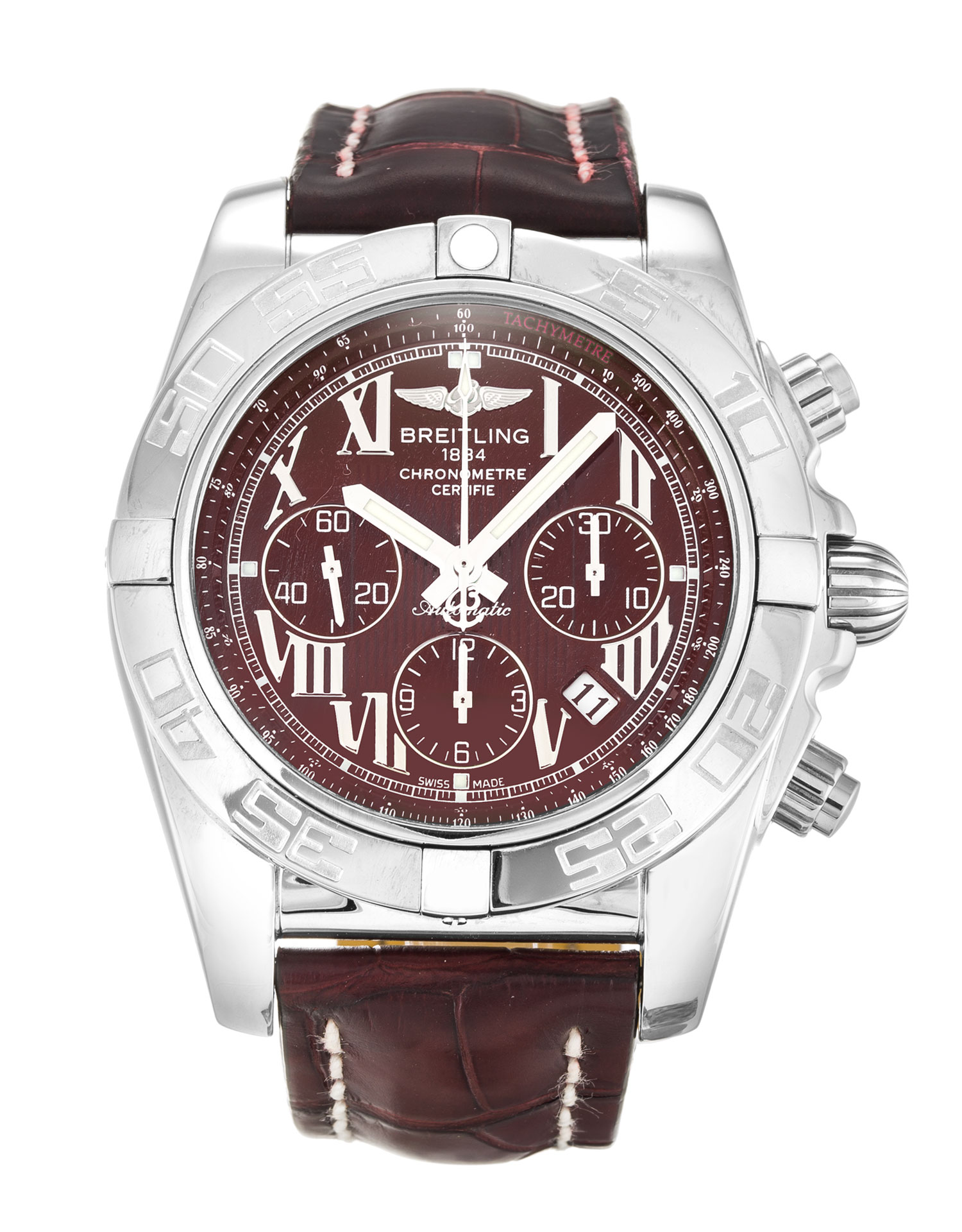 Breitling Chronomat 44 AB0110 Replica Watch, Quartz Movement, Steel Case, Burgundy Roman Numeral