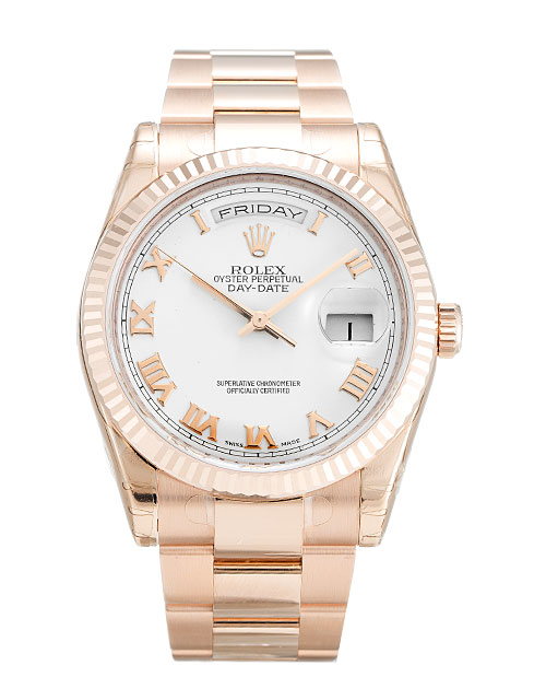 Rolex Day-Date 118235 Mens Replica Watch, Automatic Movement, 36MM Rose Gold Case, White Roman