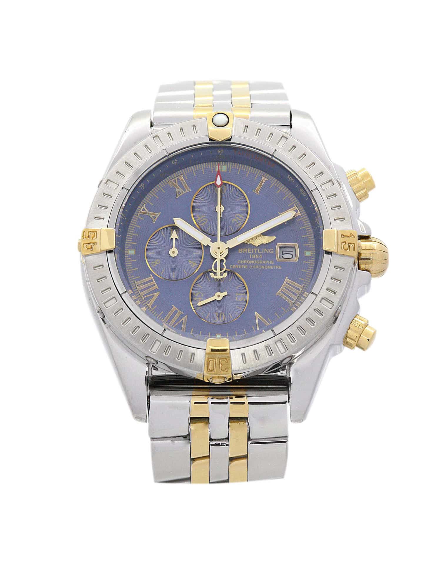 Breitling Chronomat Evolution B13356 Mens Quartz Watch, 43.7mm Steel & Yellow Gold Case, Blue Baton