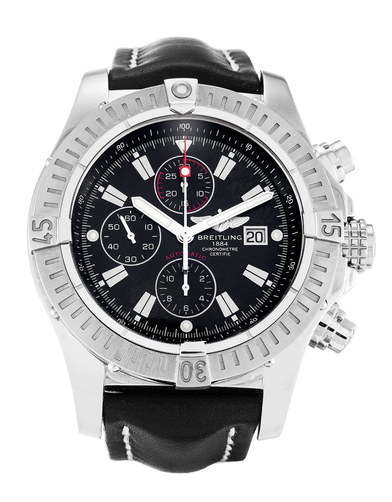 A13370-BREITLING-SUPER-AVANGER-QUARTZ-WATCH-MENS-STEEL-BRACELET-BLACK-DIAL-WATER-RESISTANT