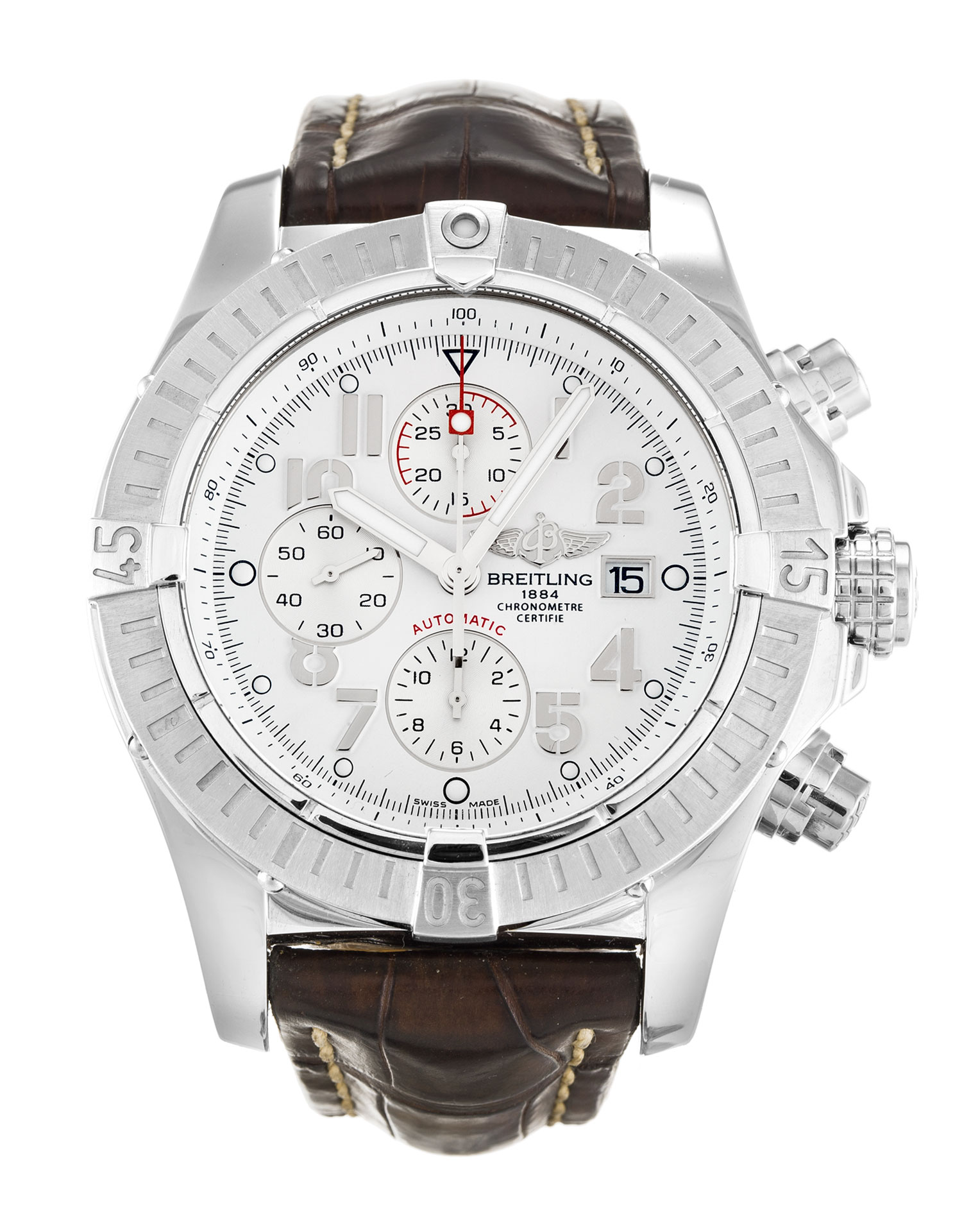 Breitling Super Avenger A13370 Replica Watch, Mens Quartz Chrono, 48.4mm Steel Case, Brown Croc
