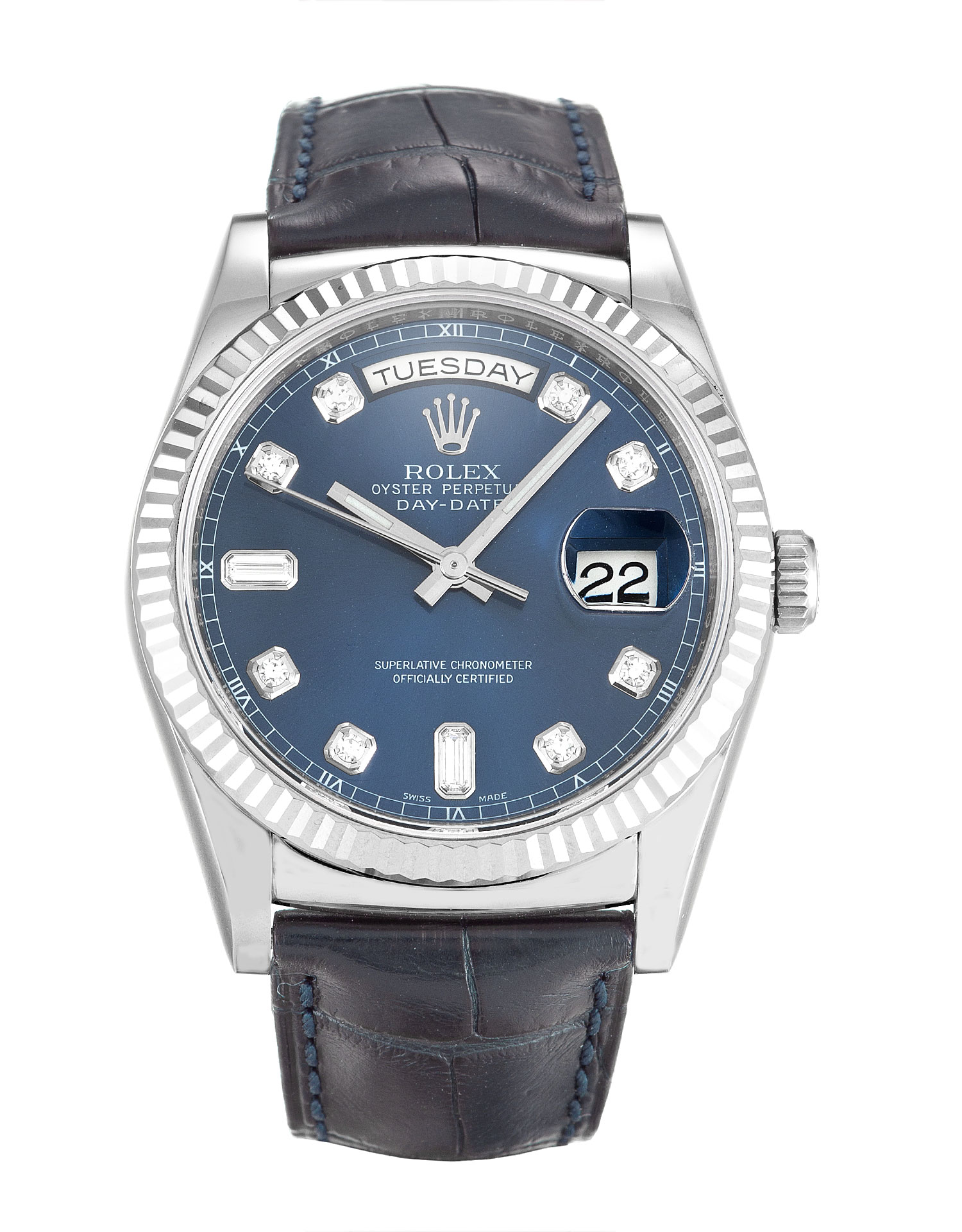 Rolex Day-Date 118139 Automatic Mens Watch, 36mm White Gold Case, Blue Diamond Dial, Replica Watch