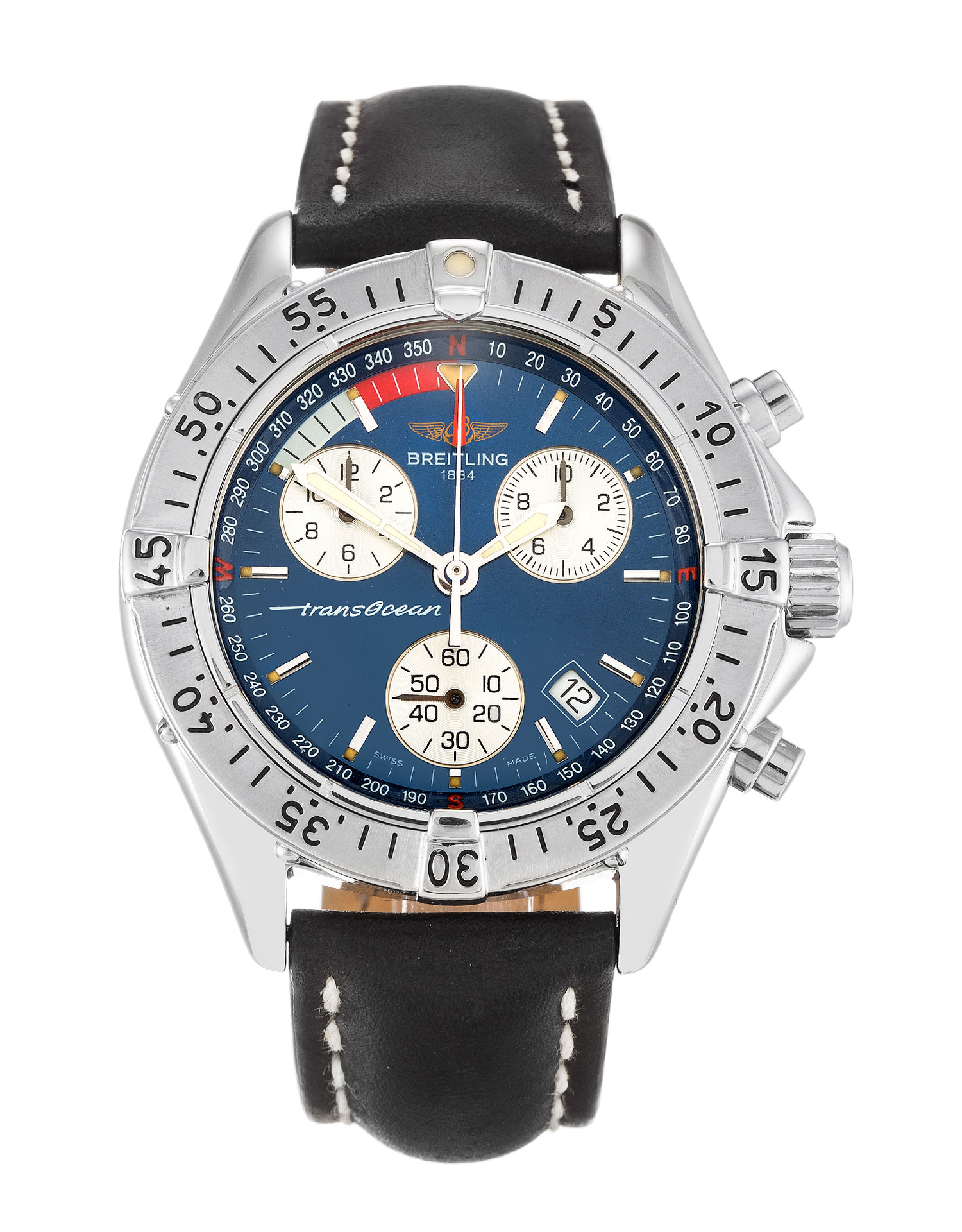 Breitling Transocean A53040.1 Mens Quartz Watch, 39mm Steel Case, Blue Baton Dial, Leather Band