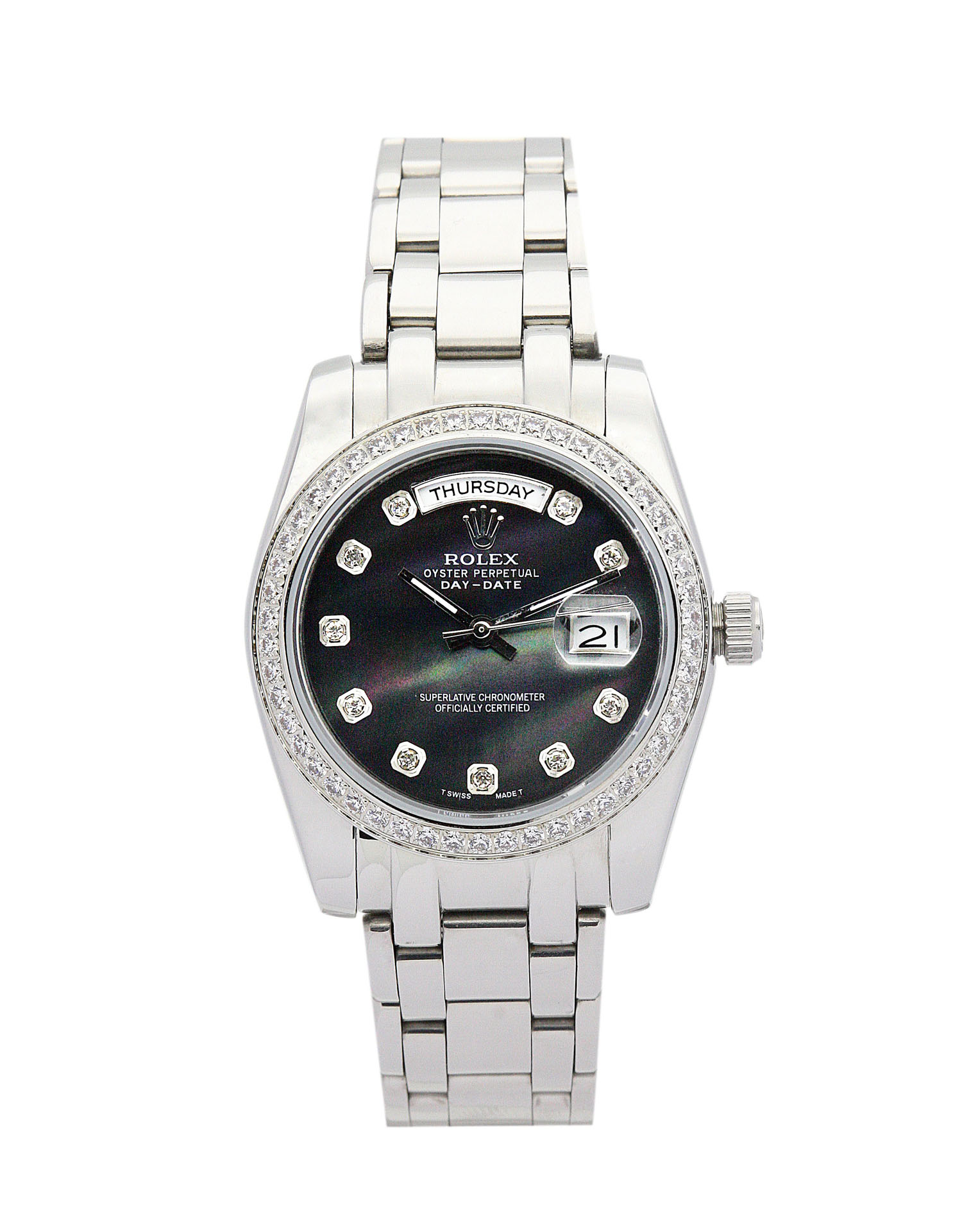 Rolex Day-Date 118346 Replica Watch, Automatic, 36mm Platinum Case, Black Dial