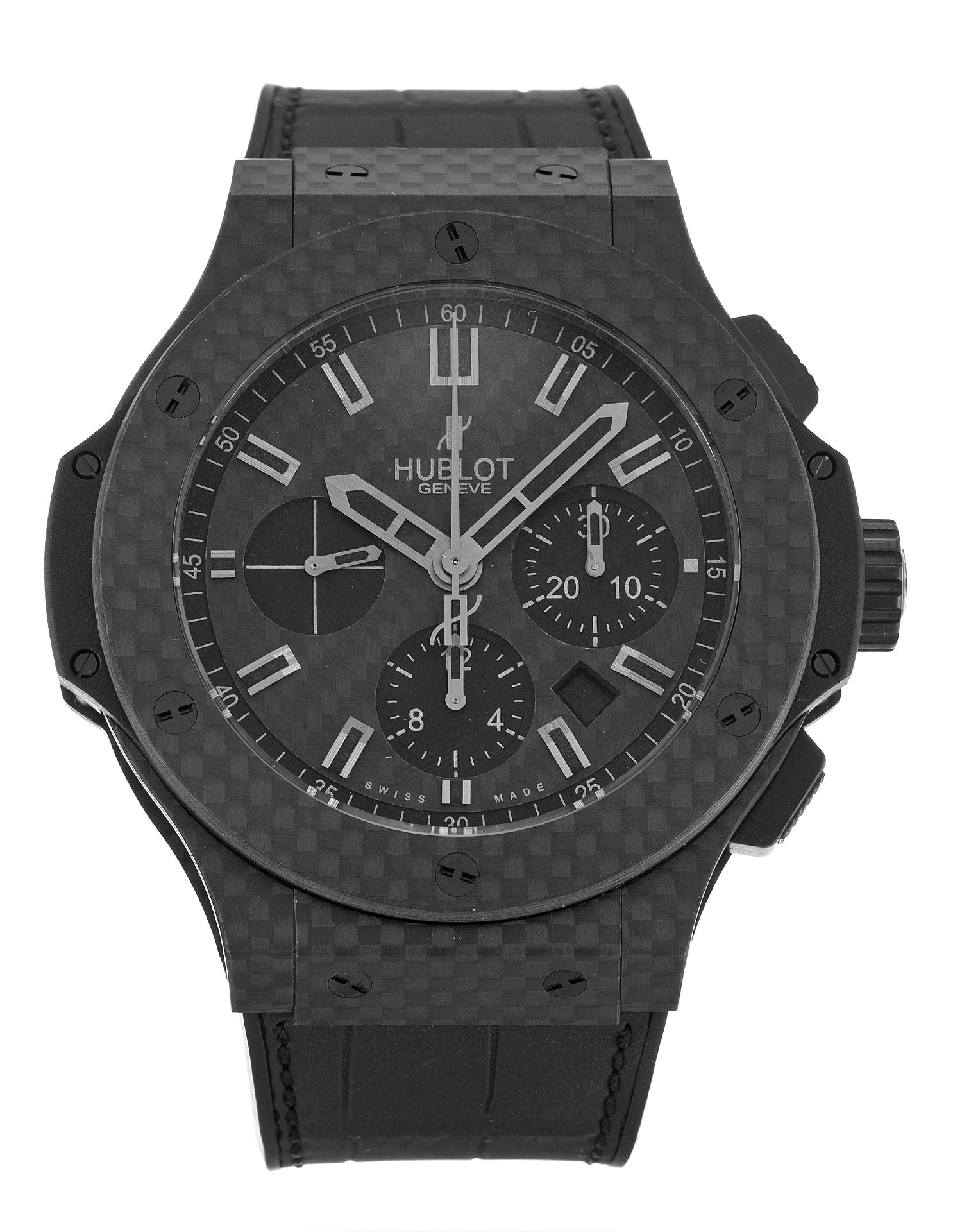 Hublot 44mm Quartz Replica Watch, Mens, Carbon Case, Black Dial, Rubber Strap